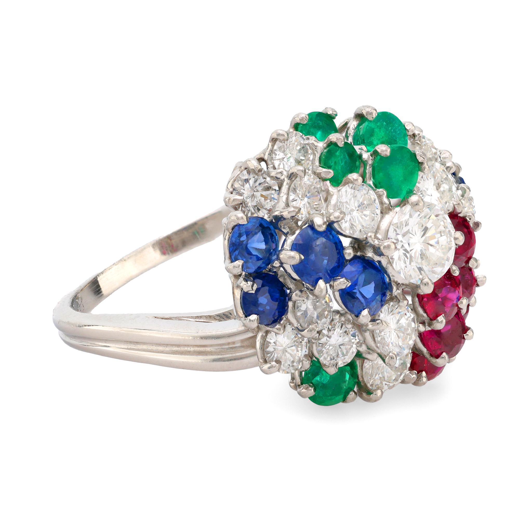 Brilliant Cut J.E. Caldwell platinum diamond sapphire ruby emerald cluster ring