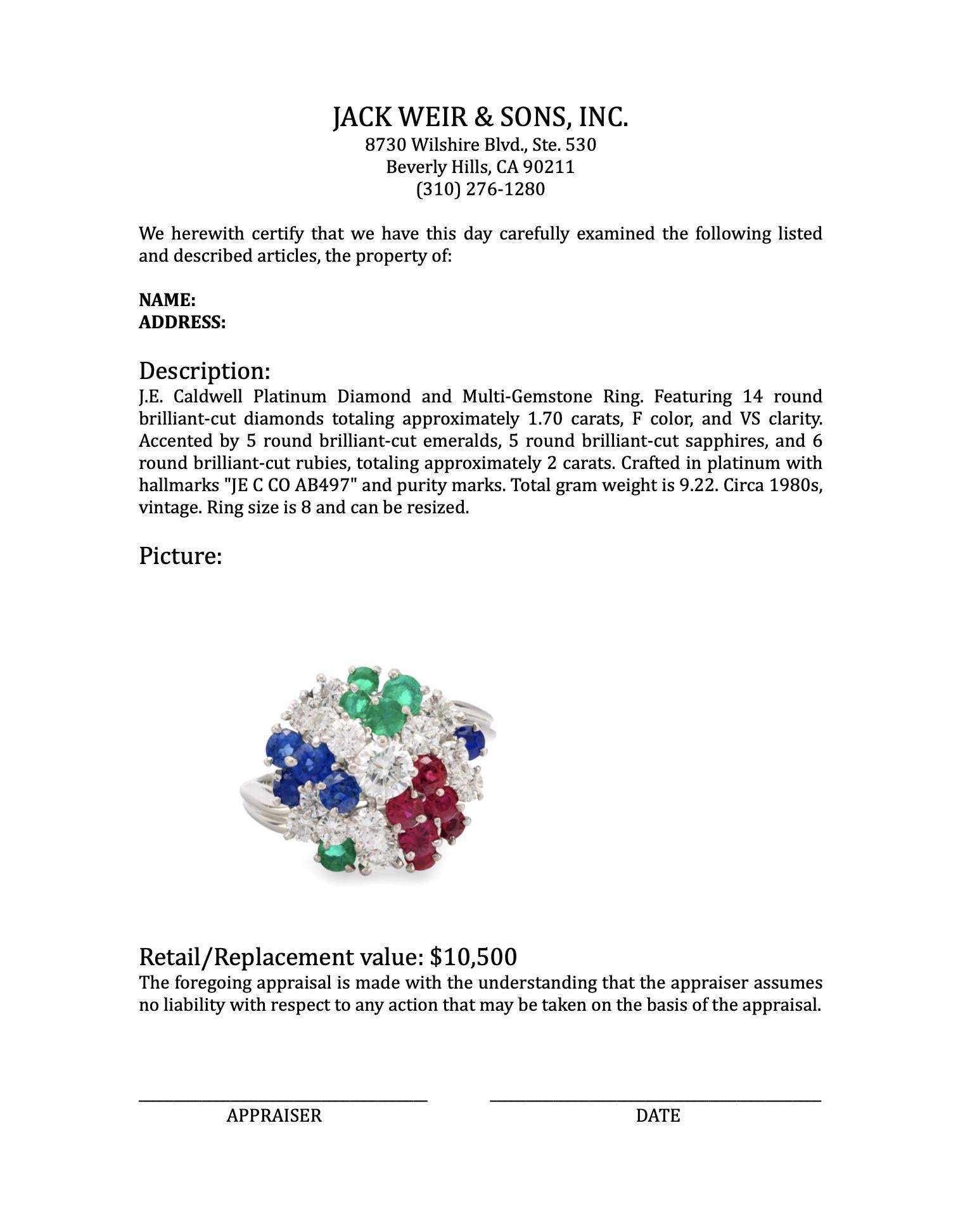 Women's or Men's J.E. Caldwell platinum diamond sapphire ruby emerald cluster ring