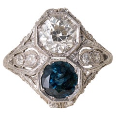 J.E Caldwell Sapphire & 1.10ct Old European Cut Diamond Art Deco Platinum Ring J.E Caldwell Sapphire & 1.10ct Old European Cut Diamond Art Deco Platinum Ring