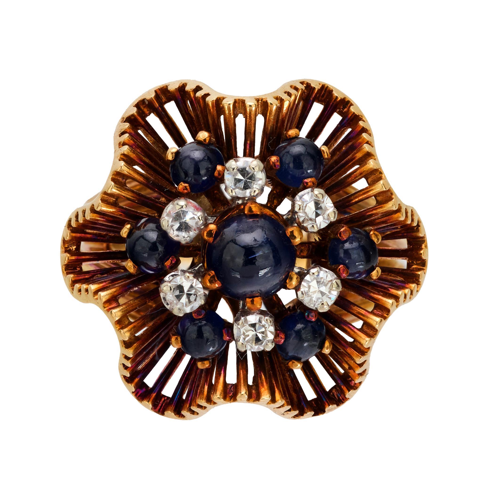 Retro JE Caldwell sapphire diamond 18k yellow gold cocktail ring