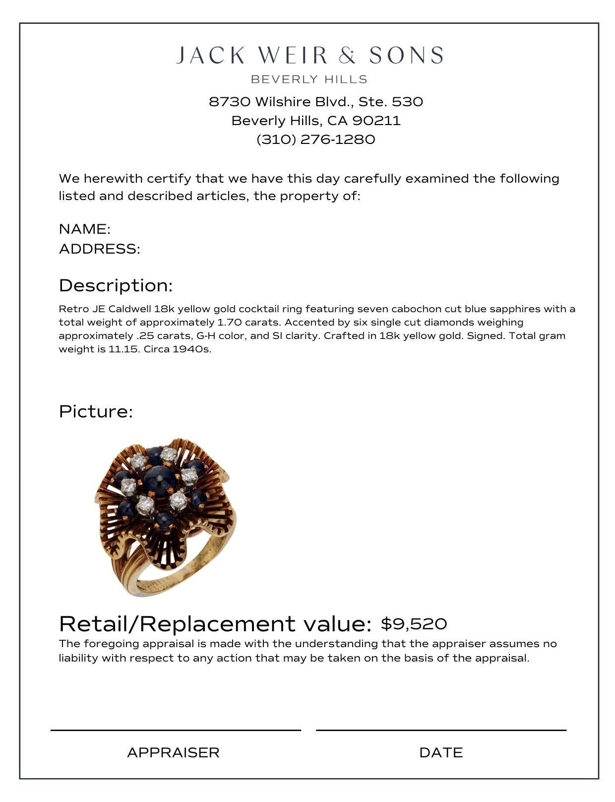 JE Caldwell sapphire diamond 18k yellow gold cocktail ring In Good Condition In Beverly Hills, CA