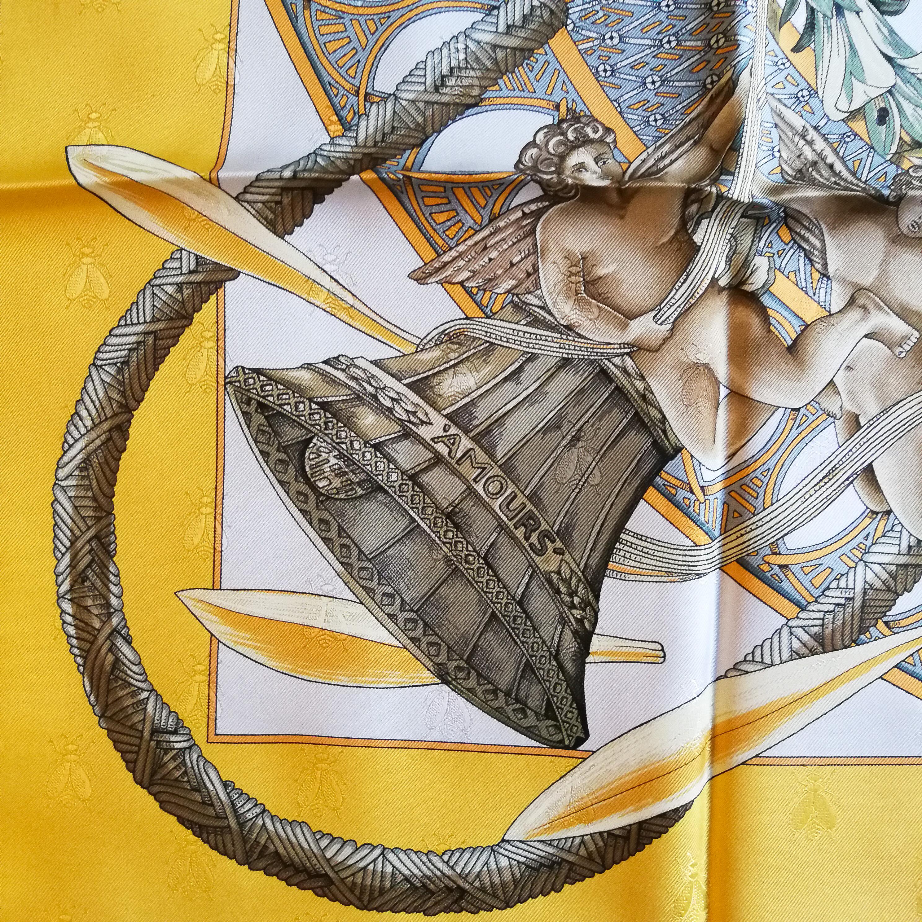 A charming and highly attractive silk scarf, designed by Annie Faivre for Hermes, in 1998. Of the highest quality always associated with Hermes, the celebrated Paris design house, this is such a clever design, with its witty title, a quiver and