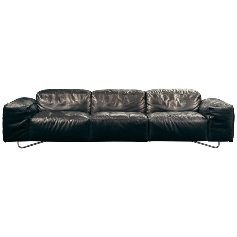 Je T Attends 3 Seat Sofa In Black Aniline Leather And Polished Steel
