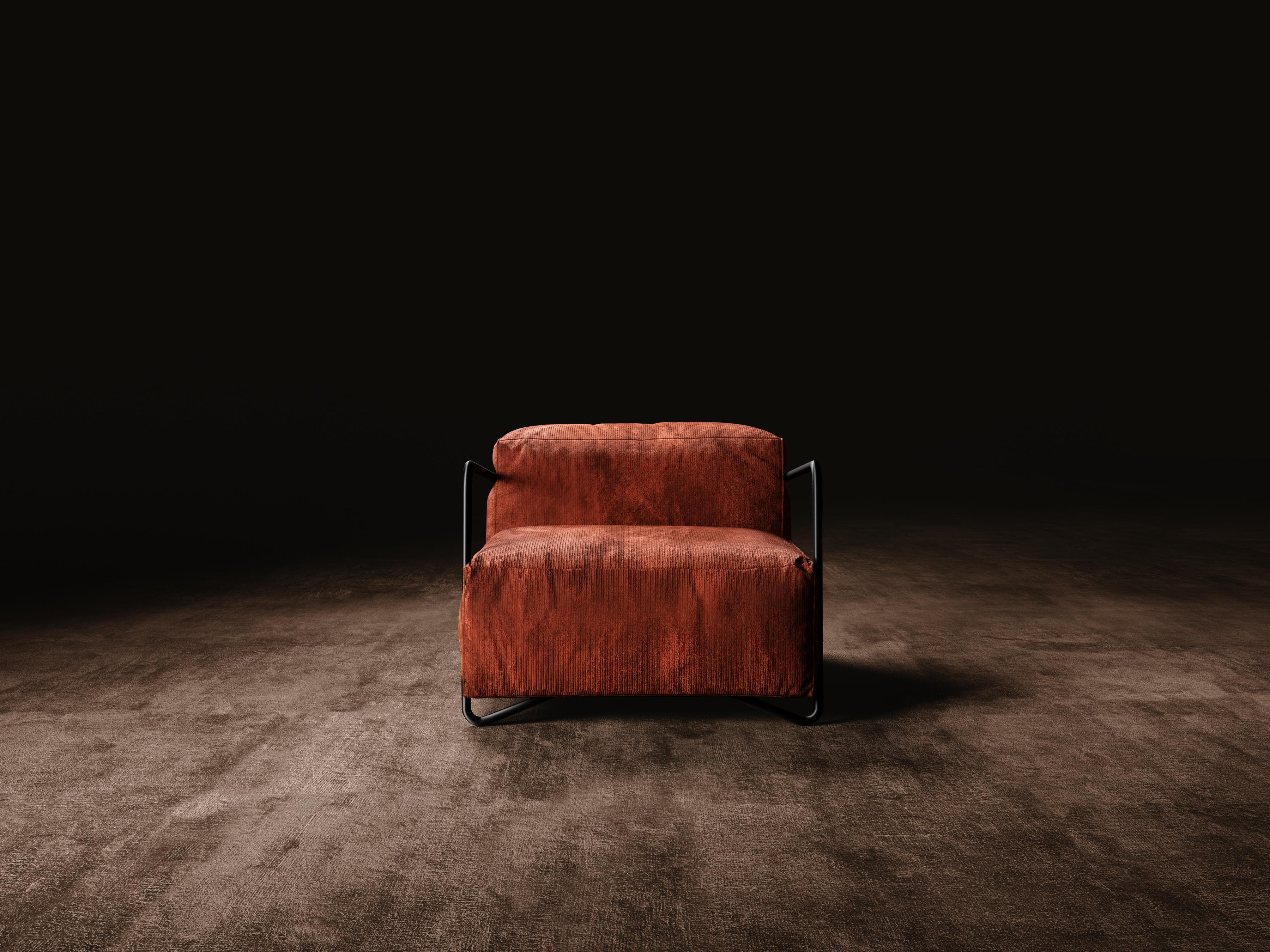 JE T'Attends armchair is part of the Esprit Noir Capsule Collection.
JE T'Attends armchair is composed of a wooden shell padded with differentiated density polyurethane foam with a top layer mixed with goose feather. The armchair is completely
