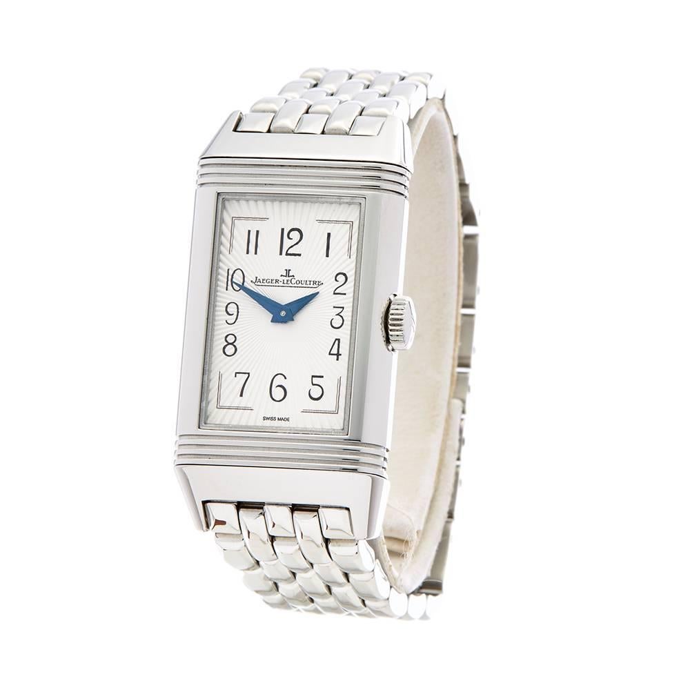 REF: W4621
MANUFACTURE: Jaeger-LeCoultre 
MODEL: Reverso
MODEL REF: Q3358420
AGE: Circa 2000's
GENDER: Women's
BOX & PAPERS: Box Only
DIAL: Silver Arabic
GLASS: Sapphire Crystal 
MOVEMENT: Mechanical Wind
WATER RESISTANCY: To Manufacturers