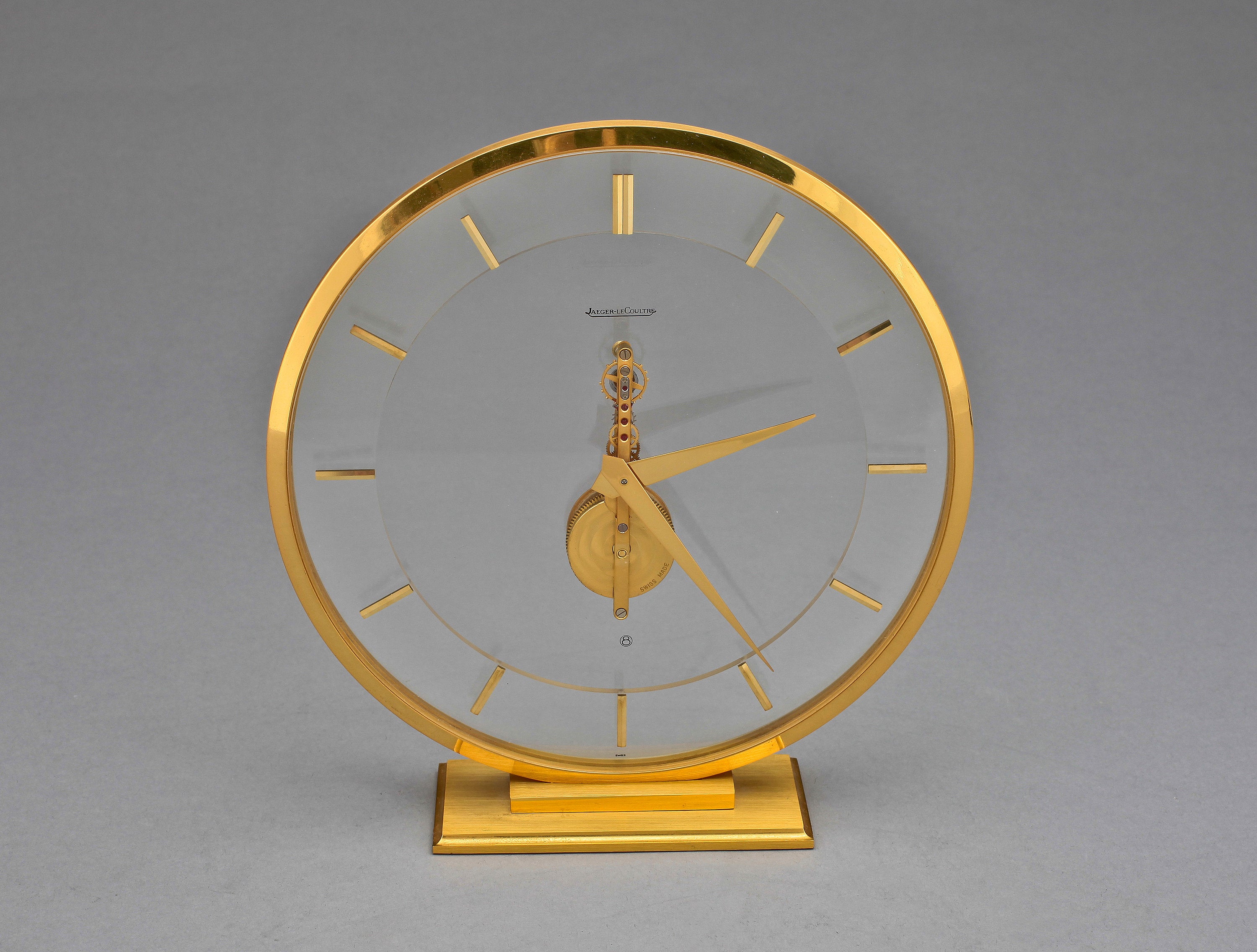 Jeager Lecoultre Rare Skeleton Clock Plexiglas and Brass. 8-Day Movement. Marked For Sale