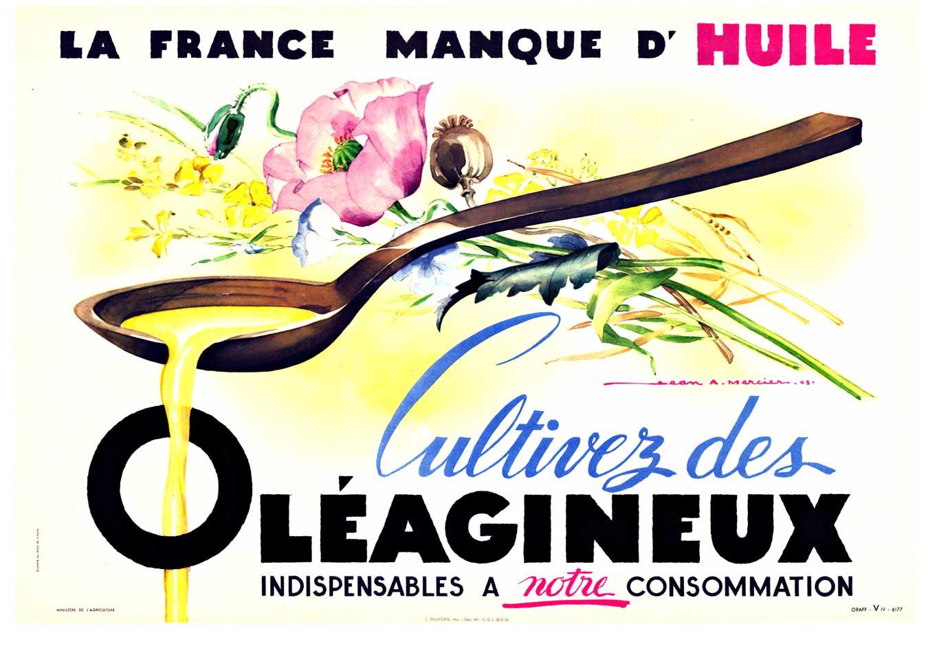 Jean A. Mercier Still-Life Print – Original Cultivez des Oleagineux Französisch Mitte des Jahrhunderts Vintage Poster