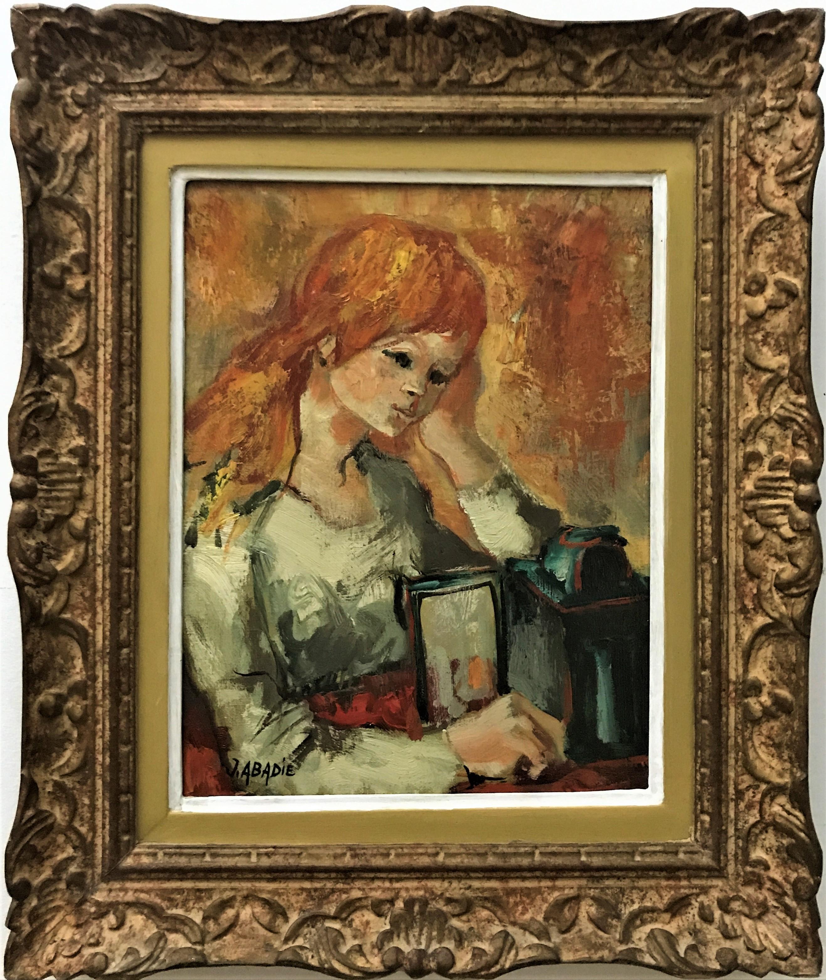Woman with the Lamp, original oil on canvass, 20th C post-impressionist, signed - Painting by Jean Abadie