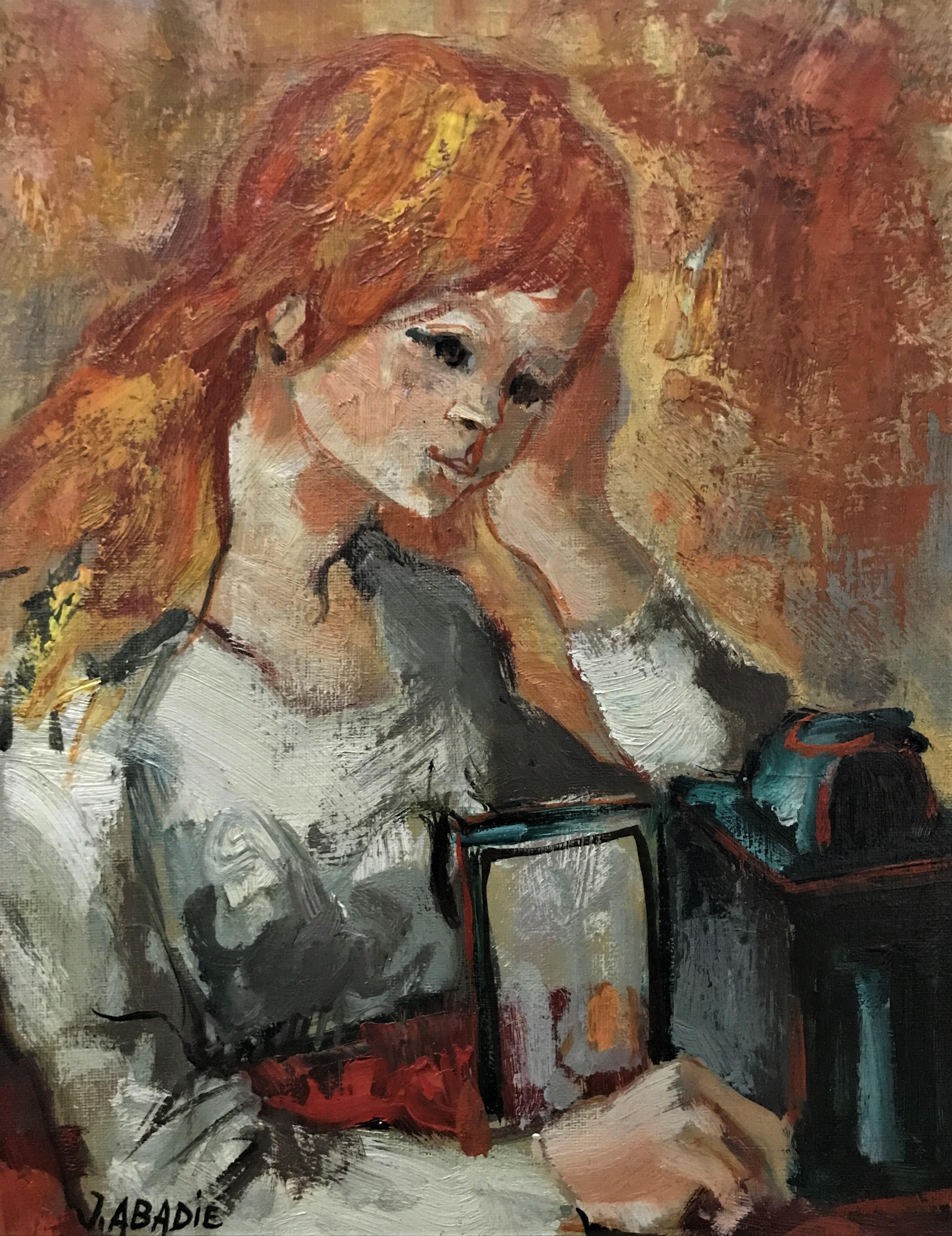 Jean Abadie Portrait Painting - Woman with the Lamp, original oil on canvass, 20th C post-impressionist, signed
