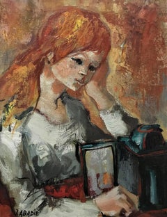 "La donna con la lampada", olio su tela originale, post-impressionista del XX secolo, firmato