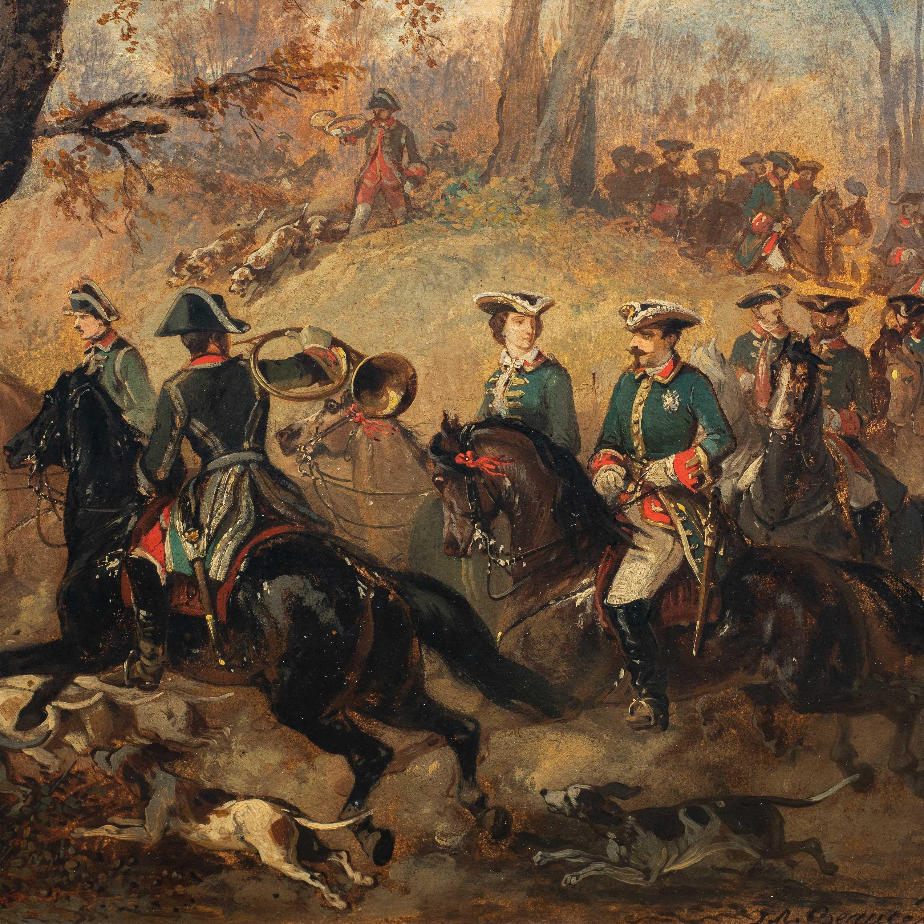 Jean Adolphe Boucé (pittore francese) - Pittura paesaggistica del XIX secolo - Hunt - Painting di  Jean Adolphe Boucé