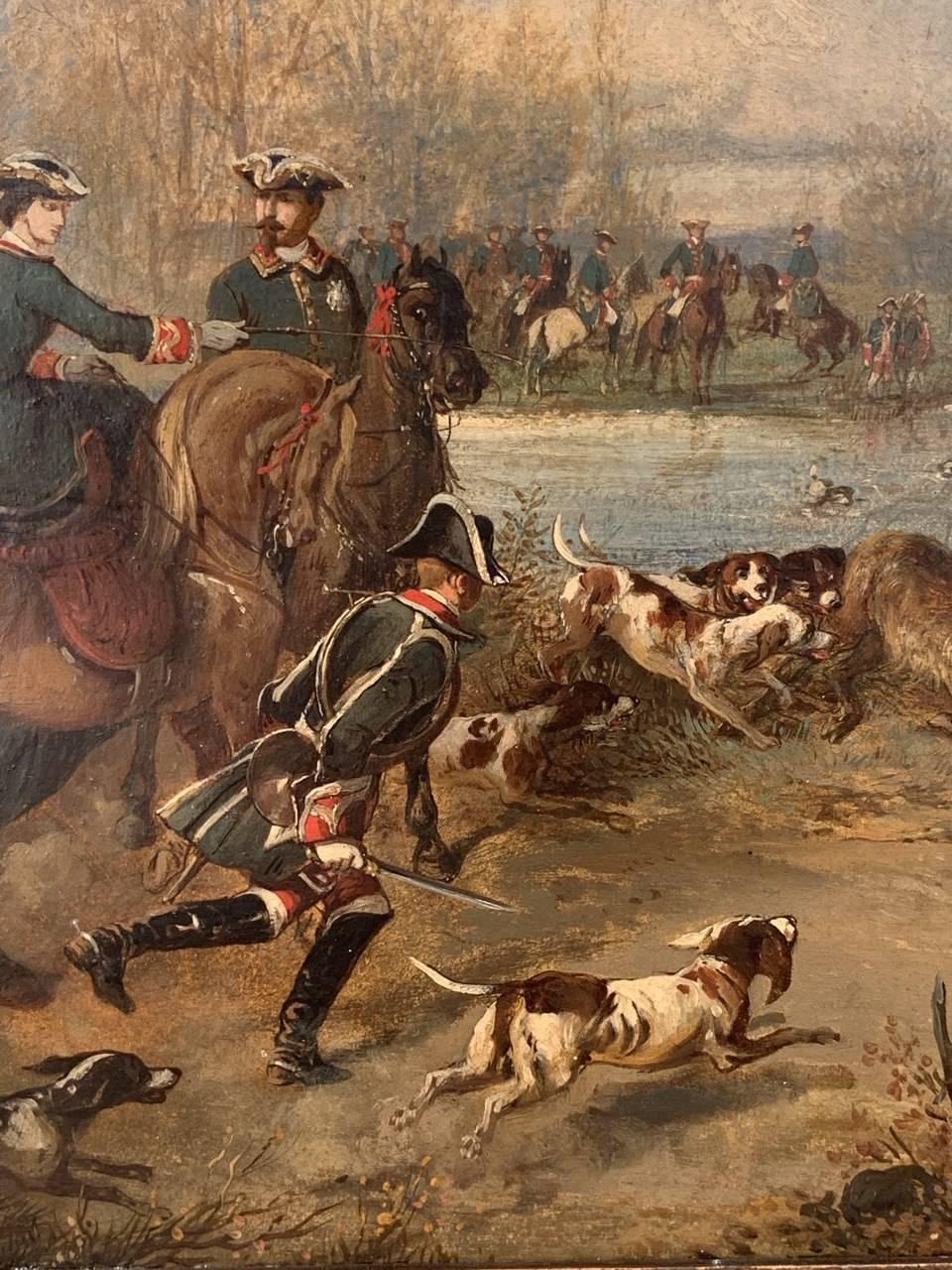 Jean Adolphe Boucé (1818 - 1875) - Die Jagd auf Hirsche.

33,5 x 43 cm ohne Rahmen, 38,5 x 48 cm mit Rahmen.

Öl auf Papier auf Leinwand, in einem zeitgenössischen Rahmen aus dem 19.

- Werk signiert und datiert unten rechts: 