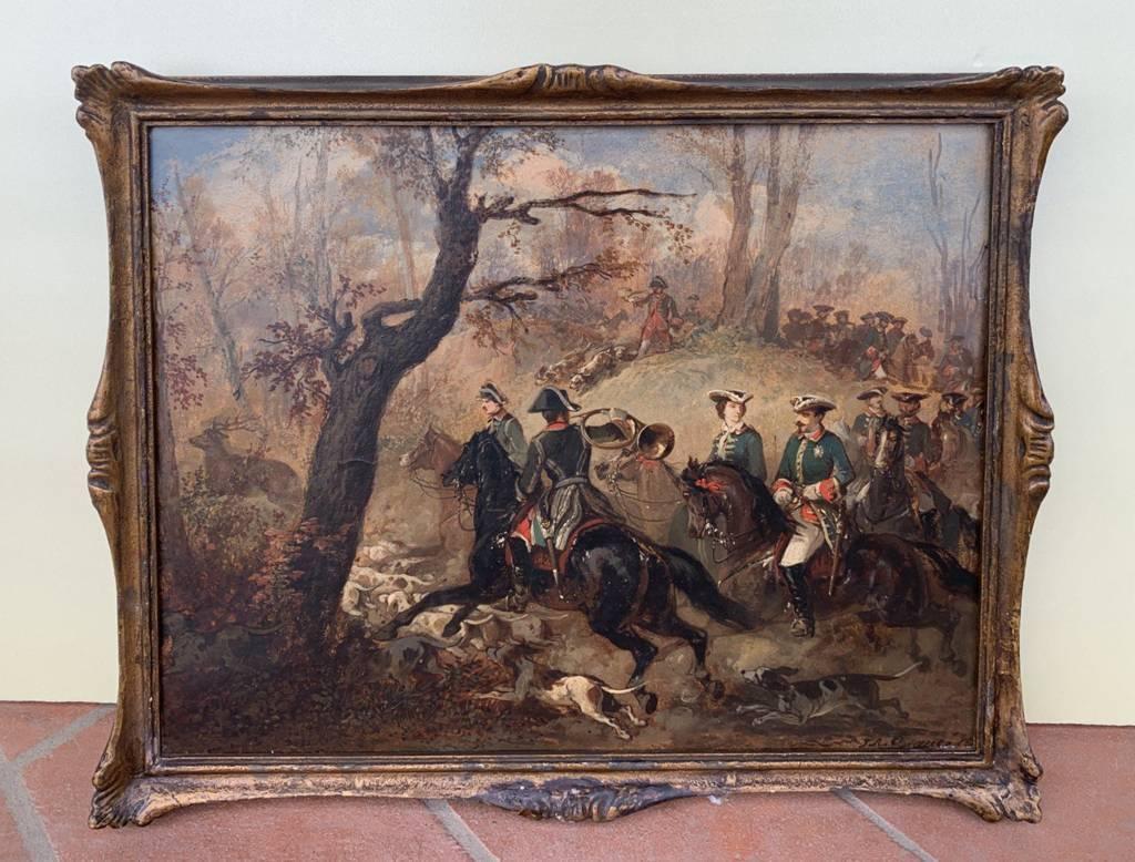 Jean Adolphe Boucé (peintre français) - peinture de paysage du 19e siècle - Chasse - Marron Figurative Painting par  Jean Adolphe Boucé