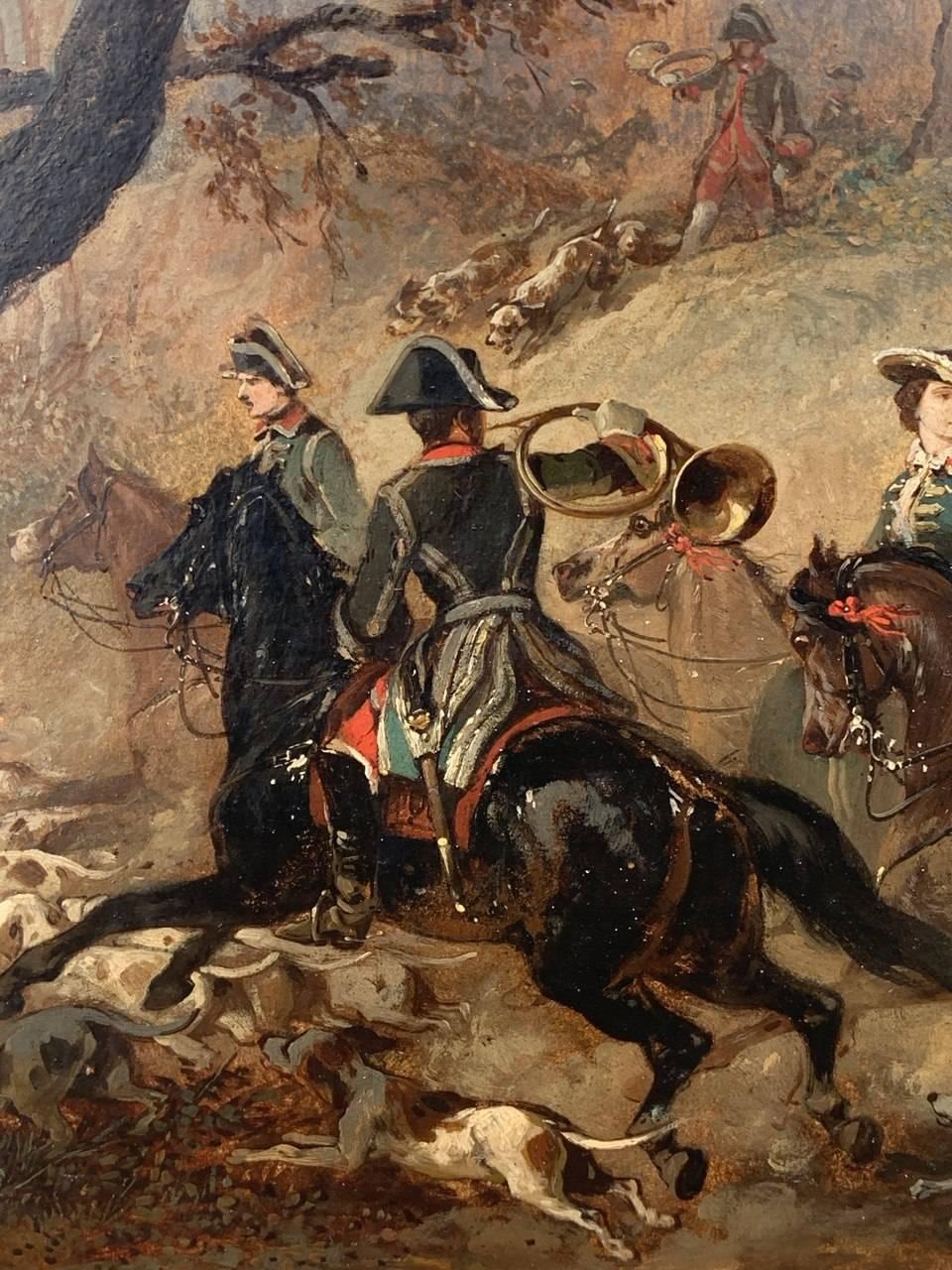 Jean Adolphe Boucé (1818 - 1875) - La chasse au cerf.

33,5 x 43 cm sans cadre, 38,5 x 48 cm avec cadre.

Huile sur papier appliquée sur toile, dans un cadre contemporain du 19e siècle.

- Œuvre signée et datée en bas à droite : 
