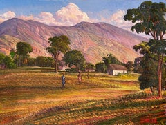 The Mountains, Huts & People- Haitian 12"x16" Acrylic Painting On Canvas