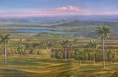 Valley, Lake & Coconut Trees Contemporary Landscape Acrylic on Canvas Painting