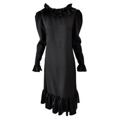 Jean Allen Vintage 70s Black Frilly Ruffle Collar Evening Shift Dress, 1970s
