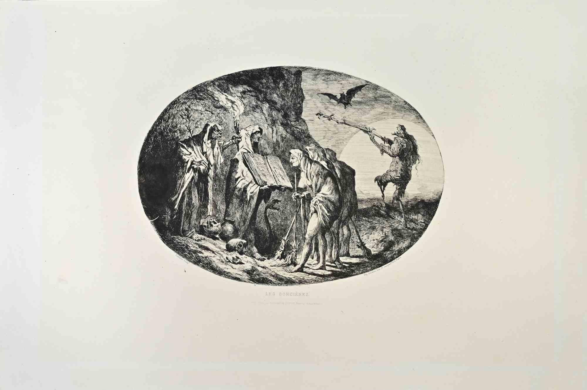 Les Sorcières ist eine Schwarz-Weiß-Radierung von Jean Amable Pastelot aus den 1870er Jahren.

Im unteren Bereich betitelt.

Guter Zustand.

Nicht unterzeichnet.

Realisiert von Cadart für die "Société des Aquafortistes". Die auf Initiative des