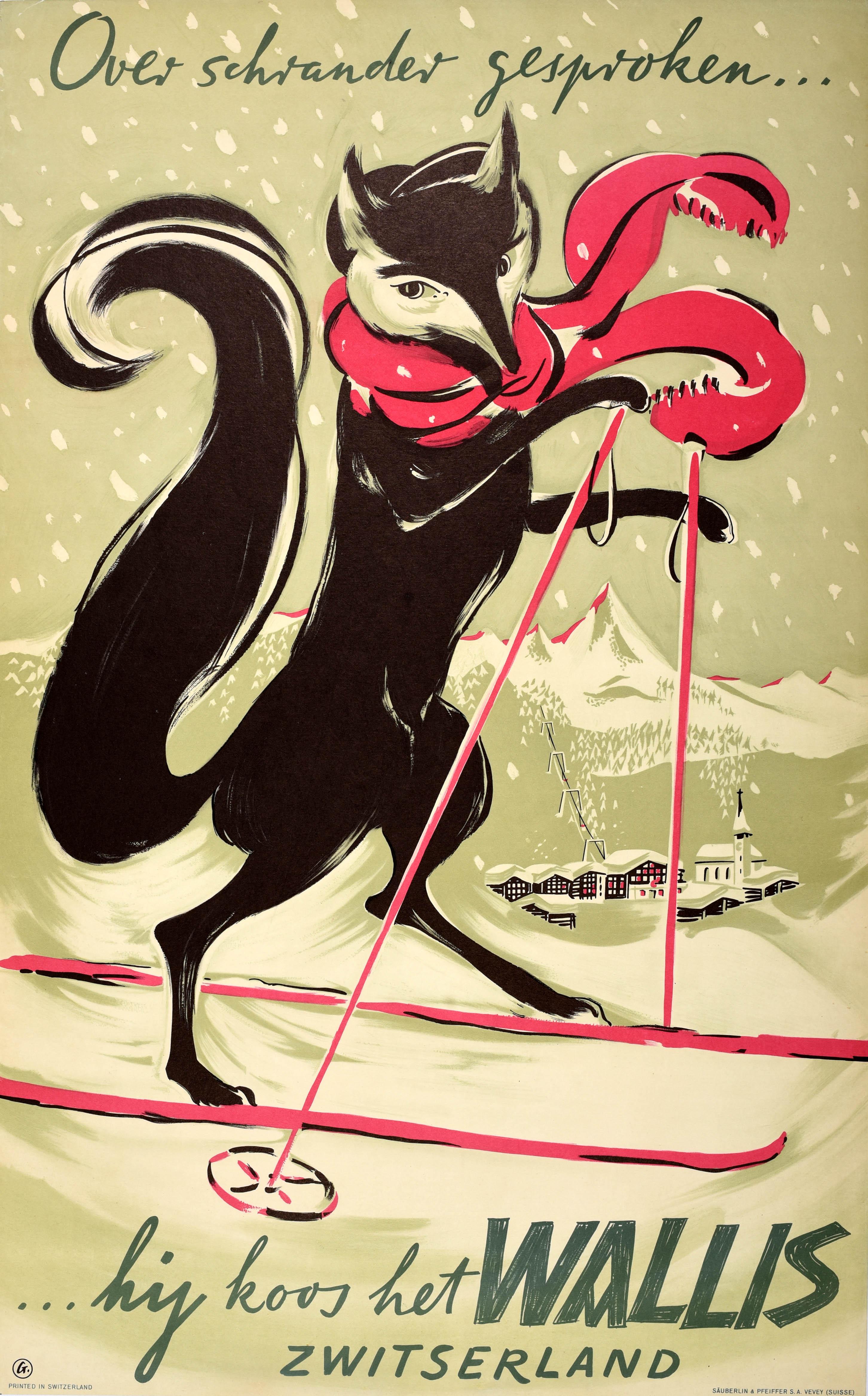 Jean & Lucien Gongoro Print – Original Vintage Schweizer Ski-Reiseplakat Wallis Valais Schweiz, Fuchs sein Smart