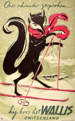 Original Vintage Schweizer Ski-Reiseplakat Wallis Valais Schweiz, Fuchs sein Smart