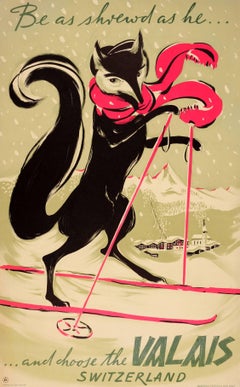 Affiche vintage originale de ski d'hiver suisse pour le Valais Verbier Zermatt avec renard