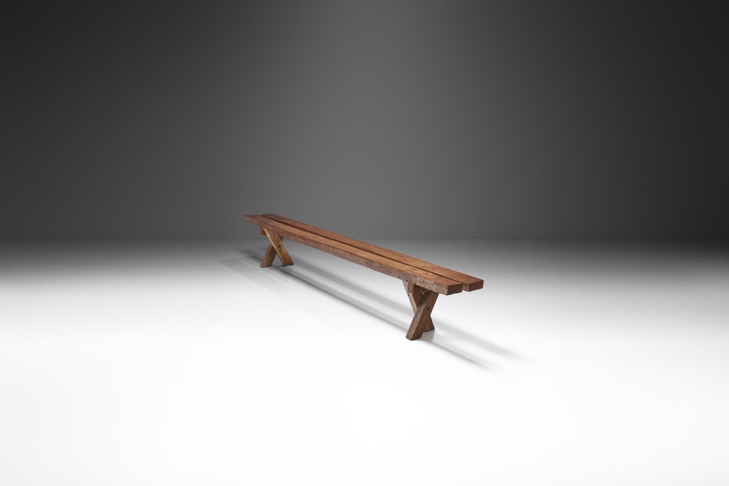 French Jean and Sébastien Touret Oak Bench with Cross Legs, France 1970s