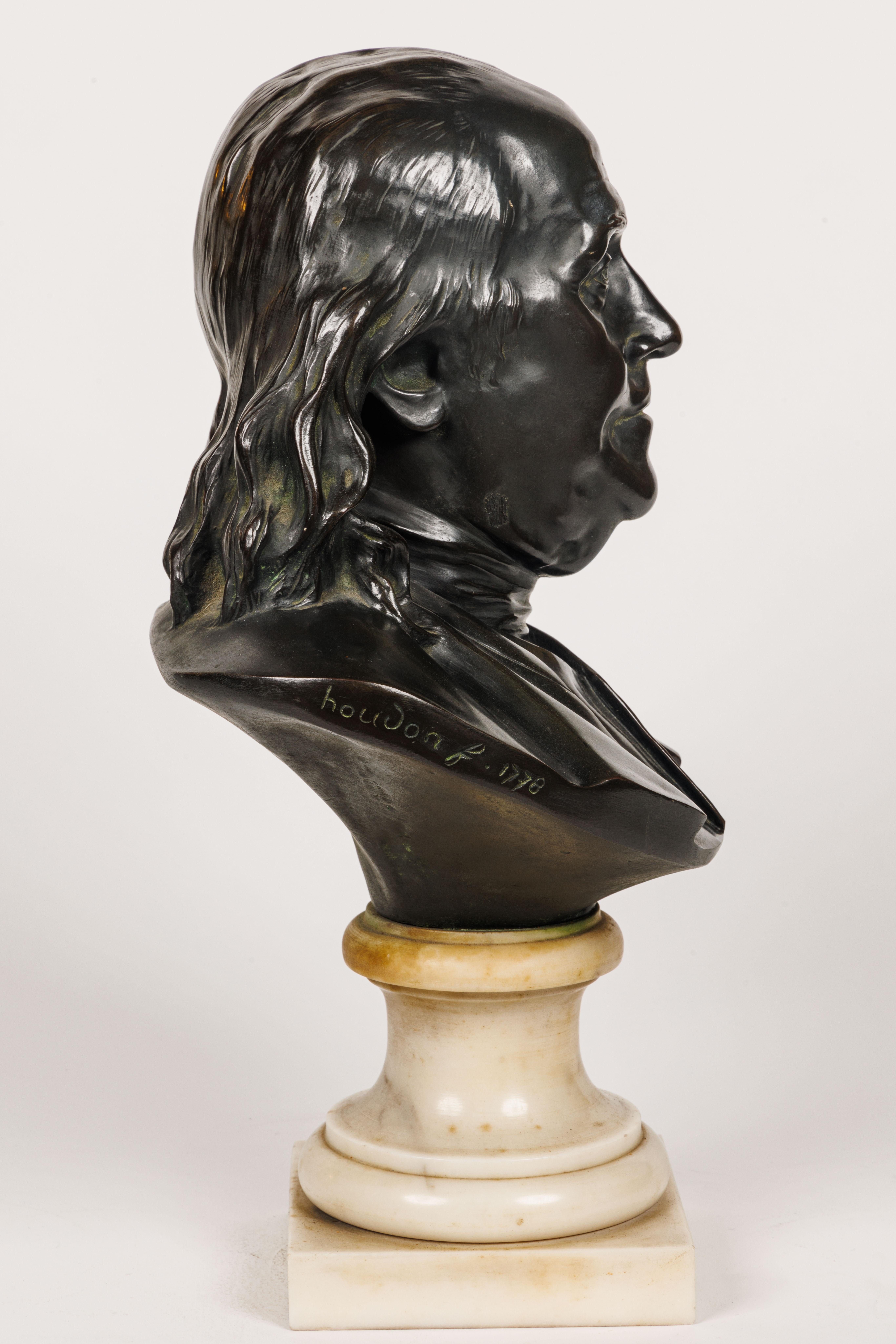 After Jean-Antoine Houdon (French, 1741-1828) a bronze bust of Benjamin Franklin on a white marble base, circa 1880


This bronze bust of Benjamin Franklin after Jean-Antoine Houdon, is a striking example of 18th century portraiture. Houdon was a