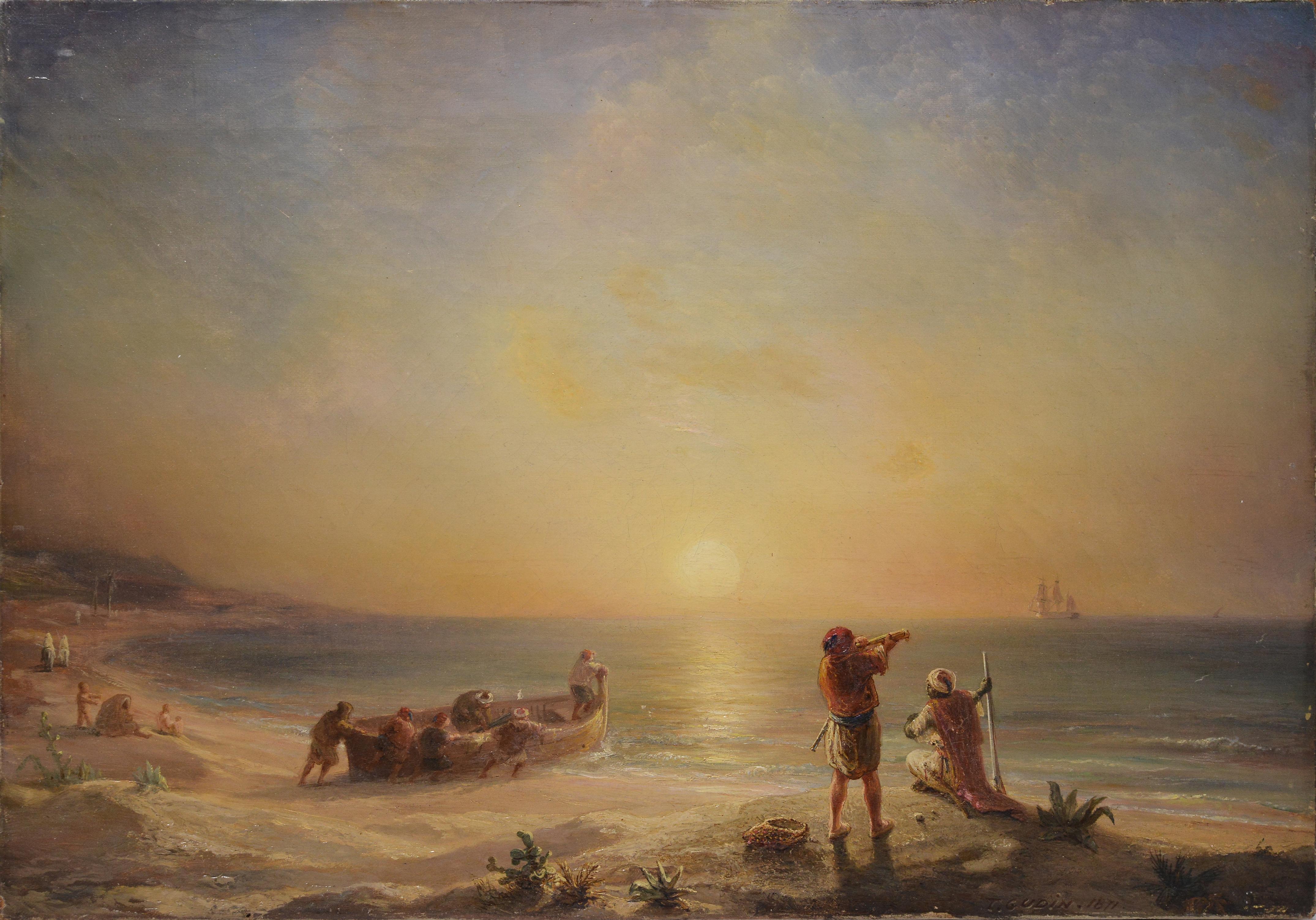 Smugglers at Algerian Coast 1871 Sunset Marine Scene Oil Painting by T. Gudin - Brown Landscape Painting by Jean Antoine Théodore Gudin