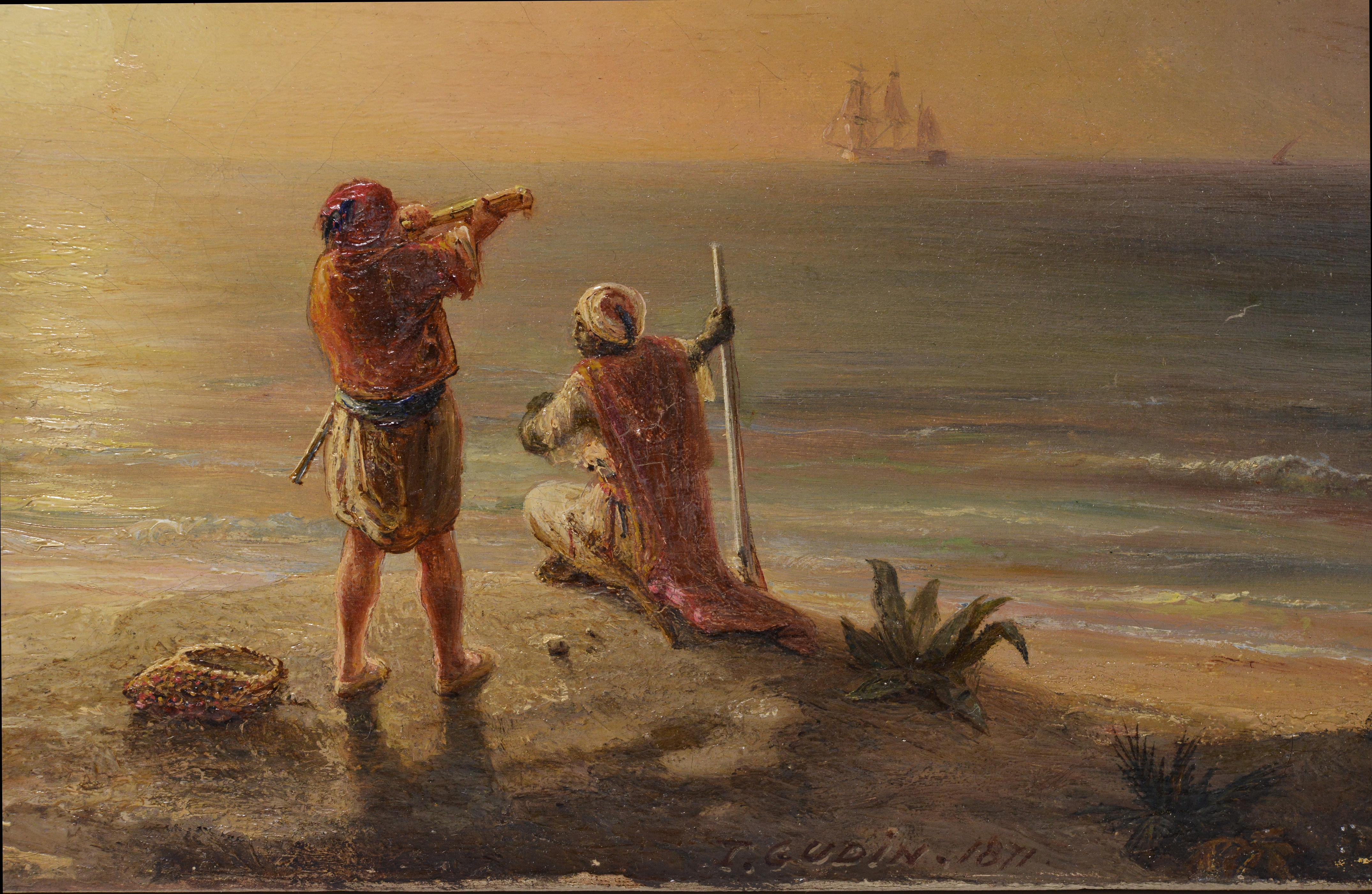 Smugglers at Algerian Coast 1871 Sunset Marine Scene Oil Painting by T. Gudin For Sale 1