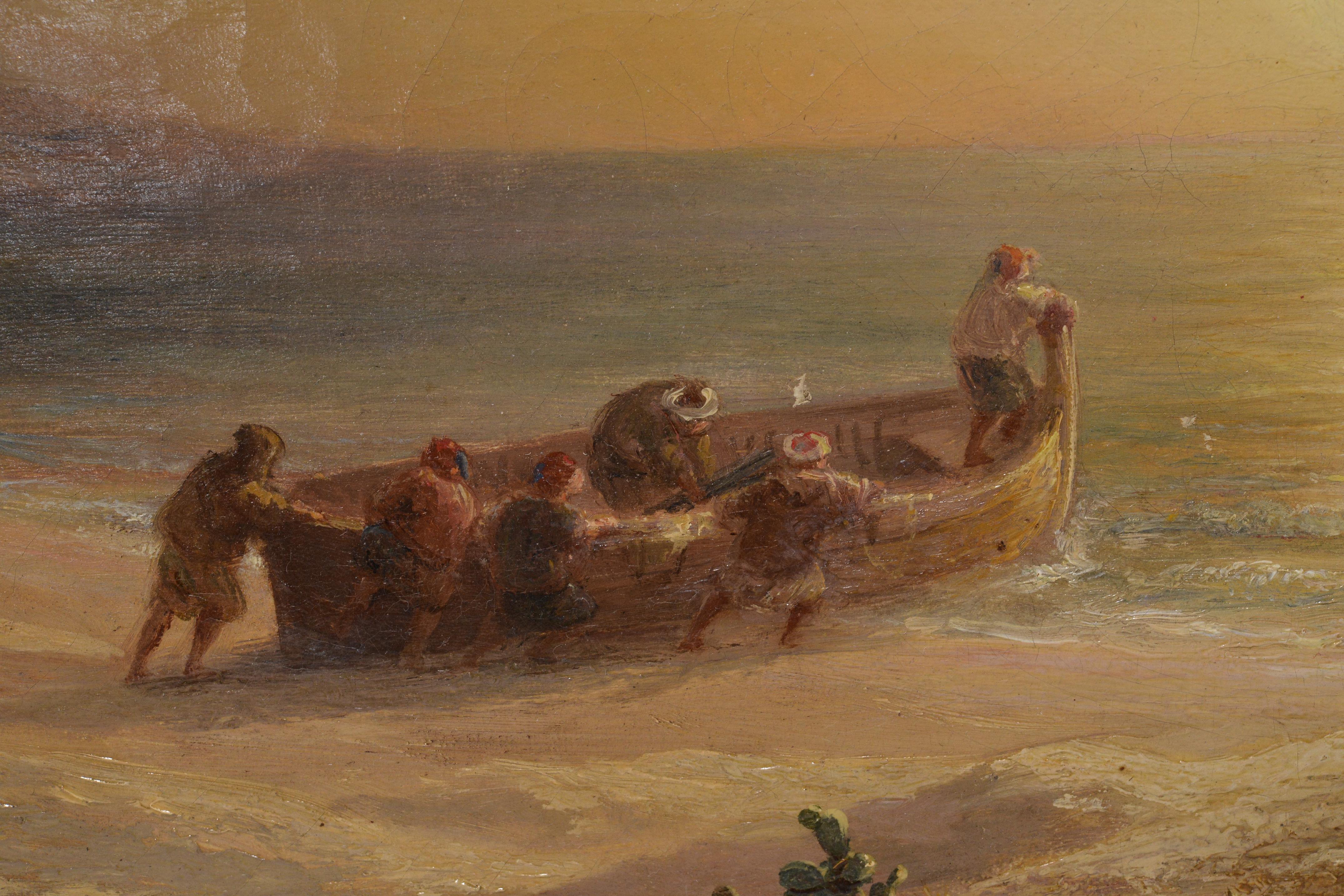 Smugglers at Algerian Coast 1871 Sunset Marine Scene Oil Painting by T. Gudin For Sale 1