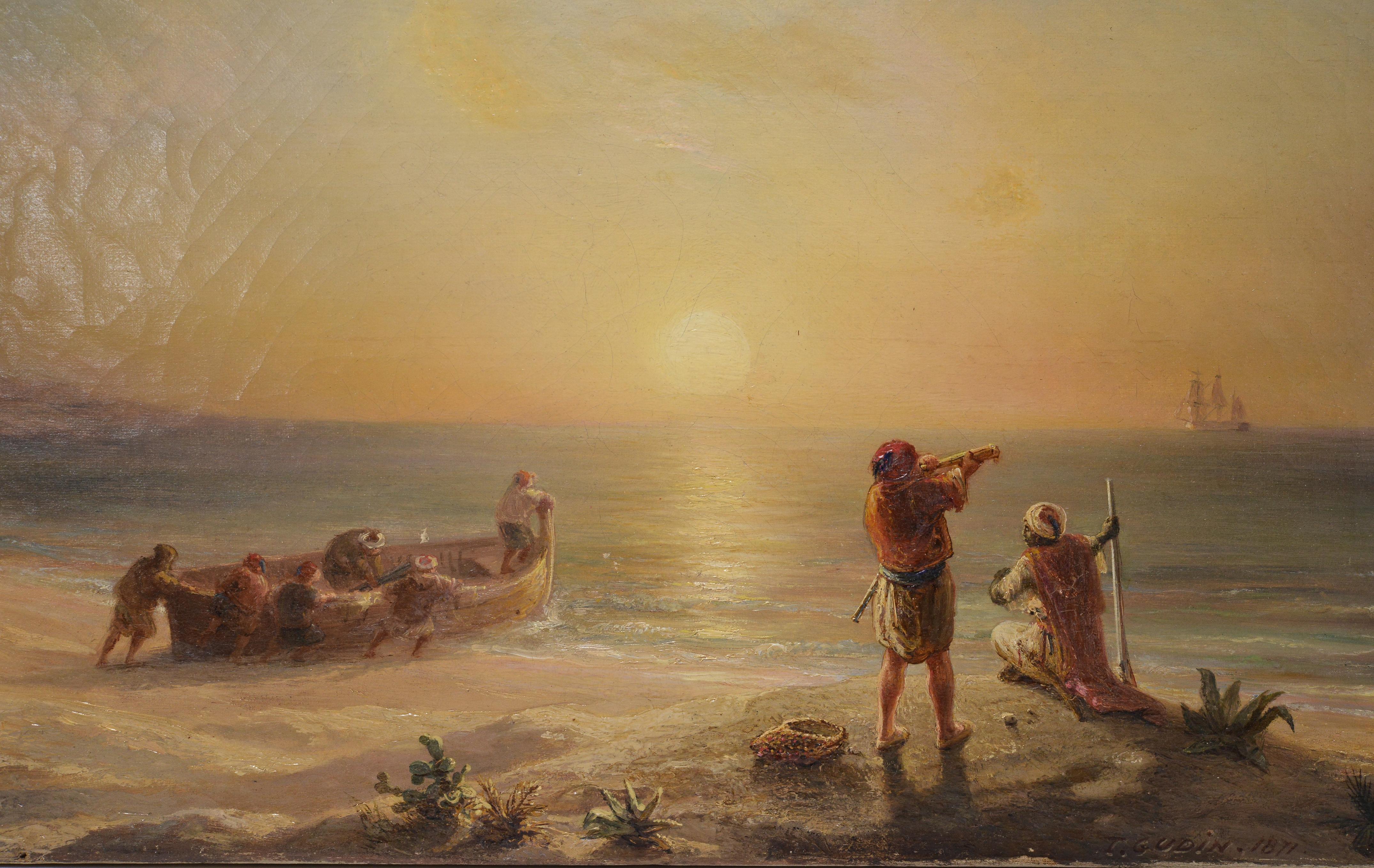 Smugglers at Algerian Coast 1871 Sunset Marine Scene Oil Painting by T. Gudin For Sale 3