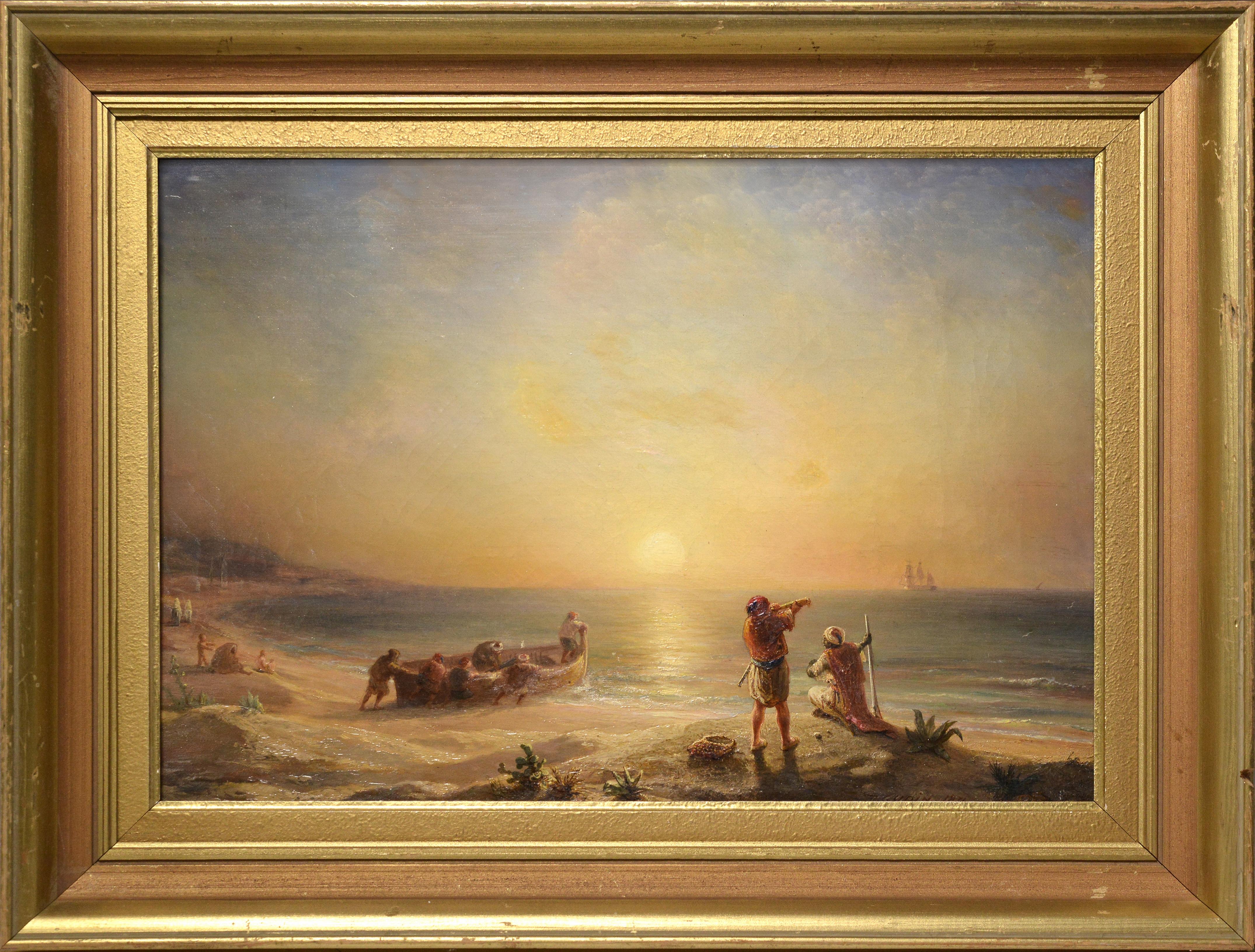 „Smugglers at Algerian Coast“, Sonnenuntergang, Marineszene, Ölgemälde von T. Gudin, 1871