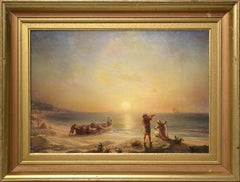 Antique Smugglers at Algerian Coast 1871 Sunset Marine Scene Oil Painting by T. Gudin