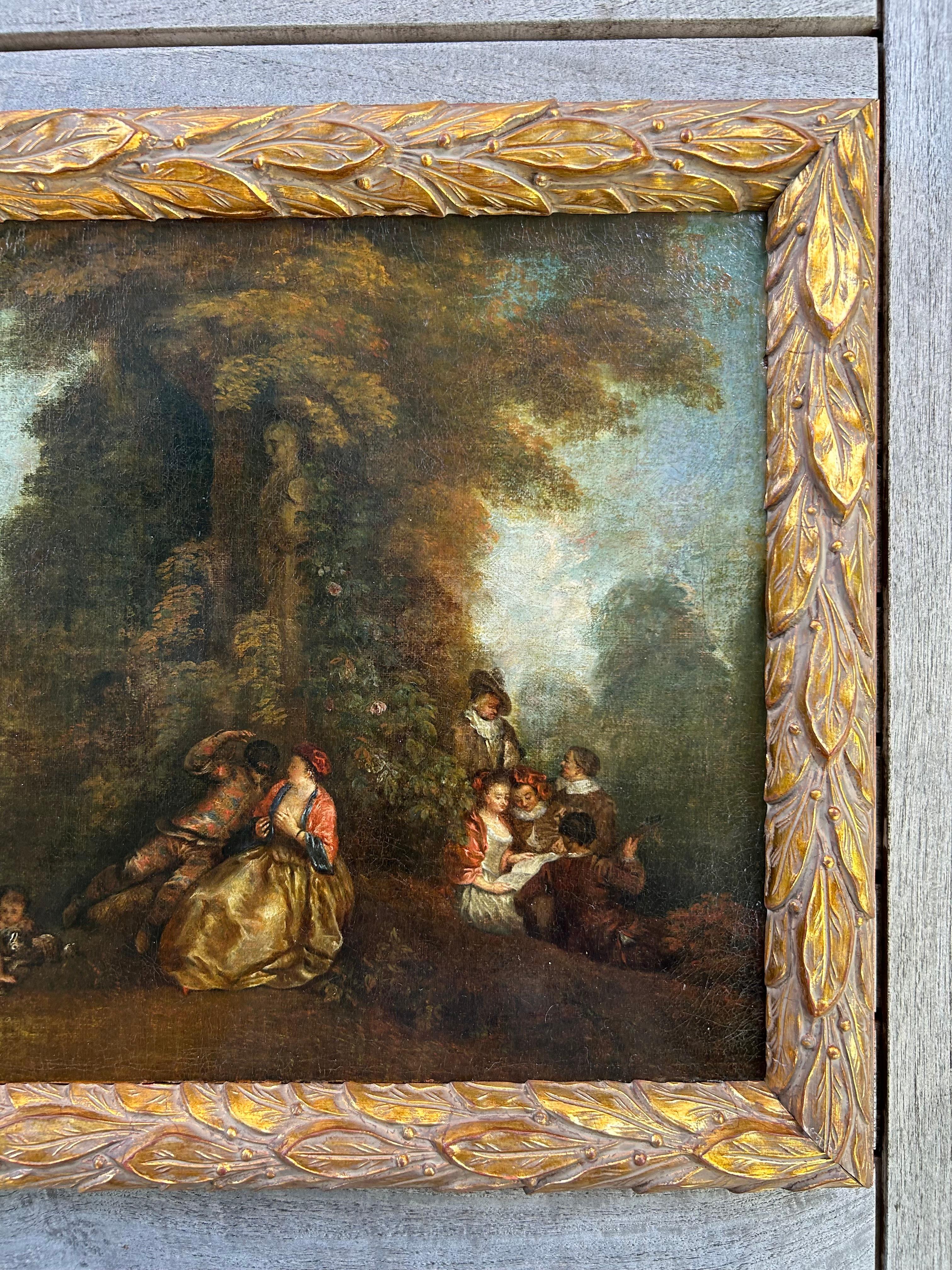 Une belle huile sur toile du XVIIIe siècle, représentant une scène de jardin typique de l'époque, ou 