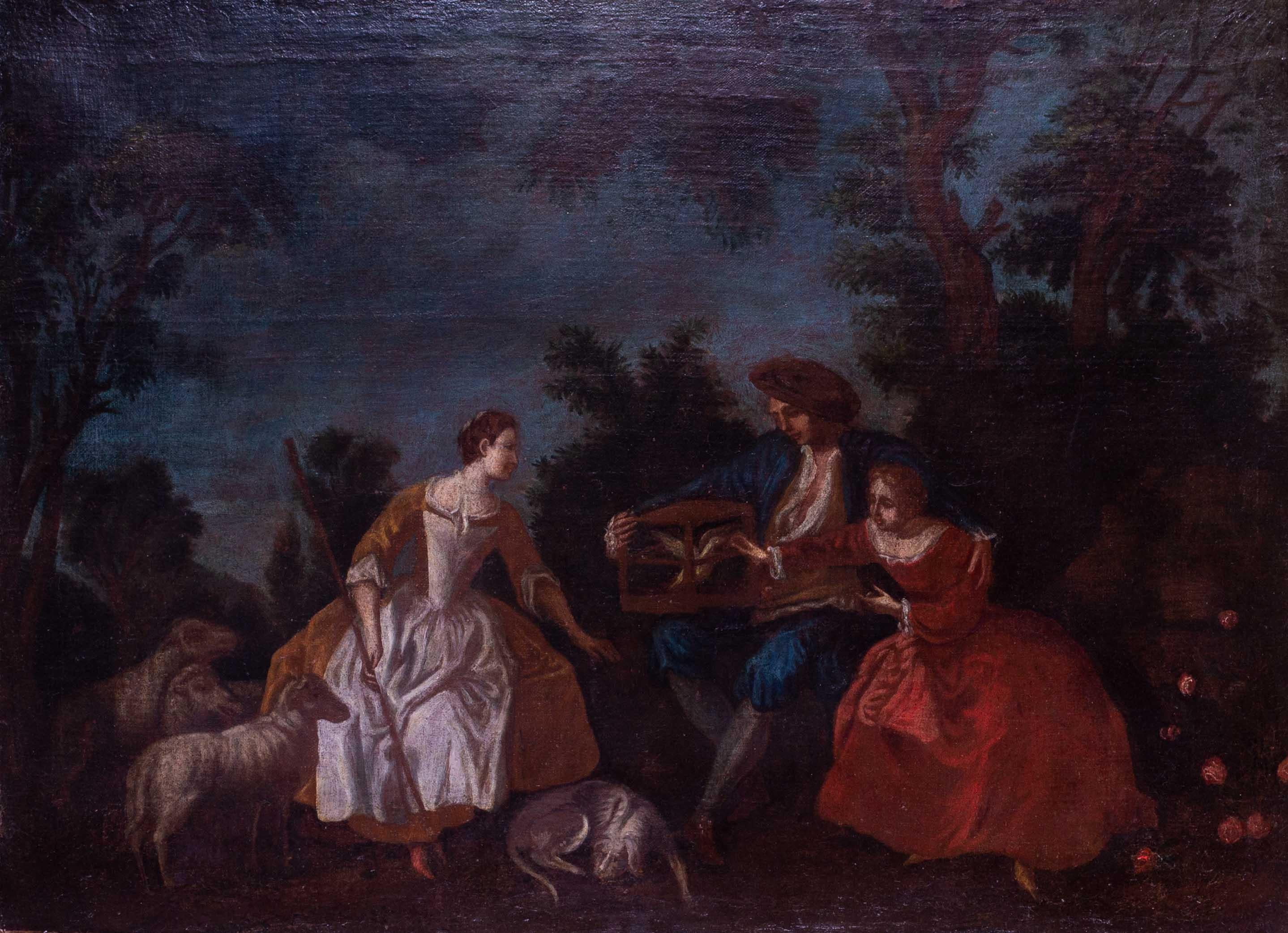 French Old Master oil painting of 3 figures releasing a dove - Painting by Jean-Antoine Watteau