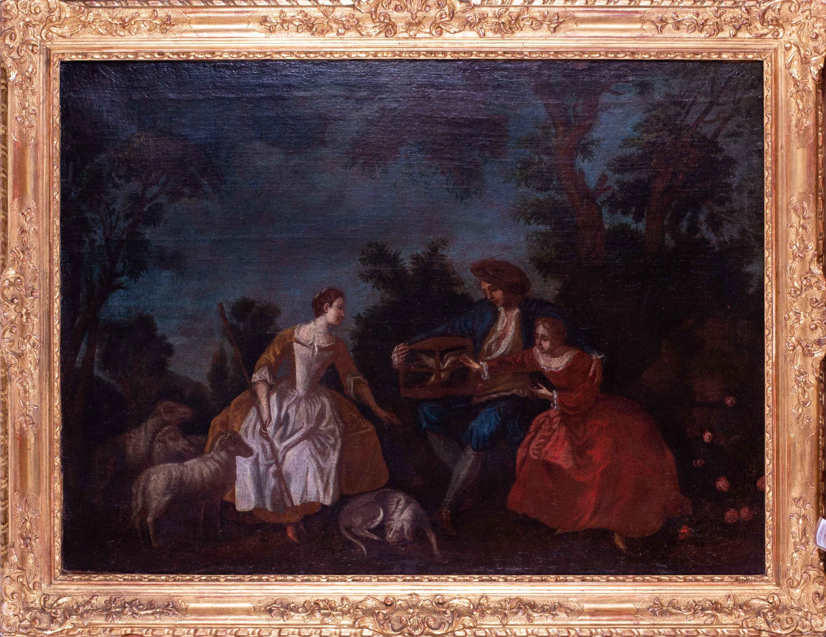 Jean-Antoine Watteau Figurative Painting - French Old Master oil painting of 3 figures releasing a dove