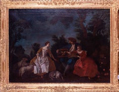 French Old Master oil painting of 3 figures releasing a dove