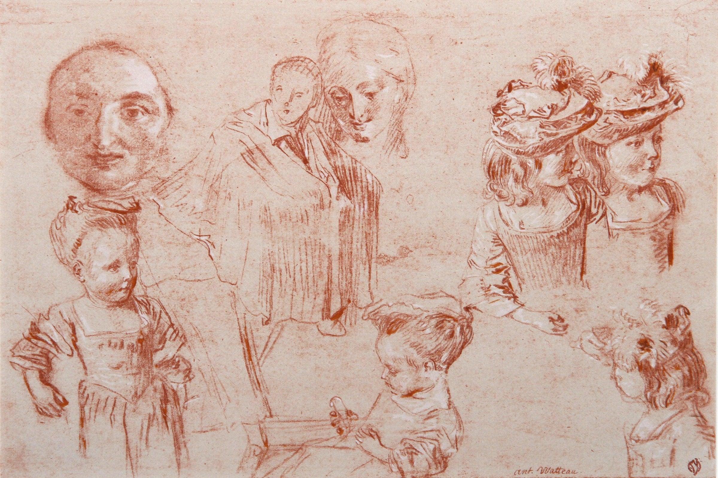 Jean-Antoine Watteau Portrait Print - Antoine Watteau, Sketches of little girls, from Faces of Children, 1968 (after)