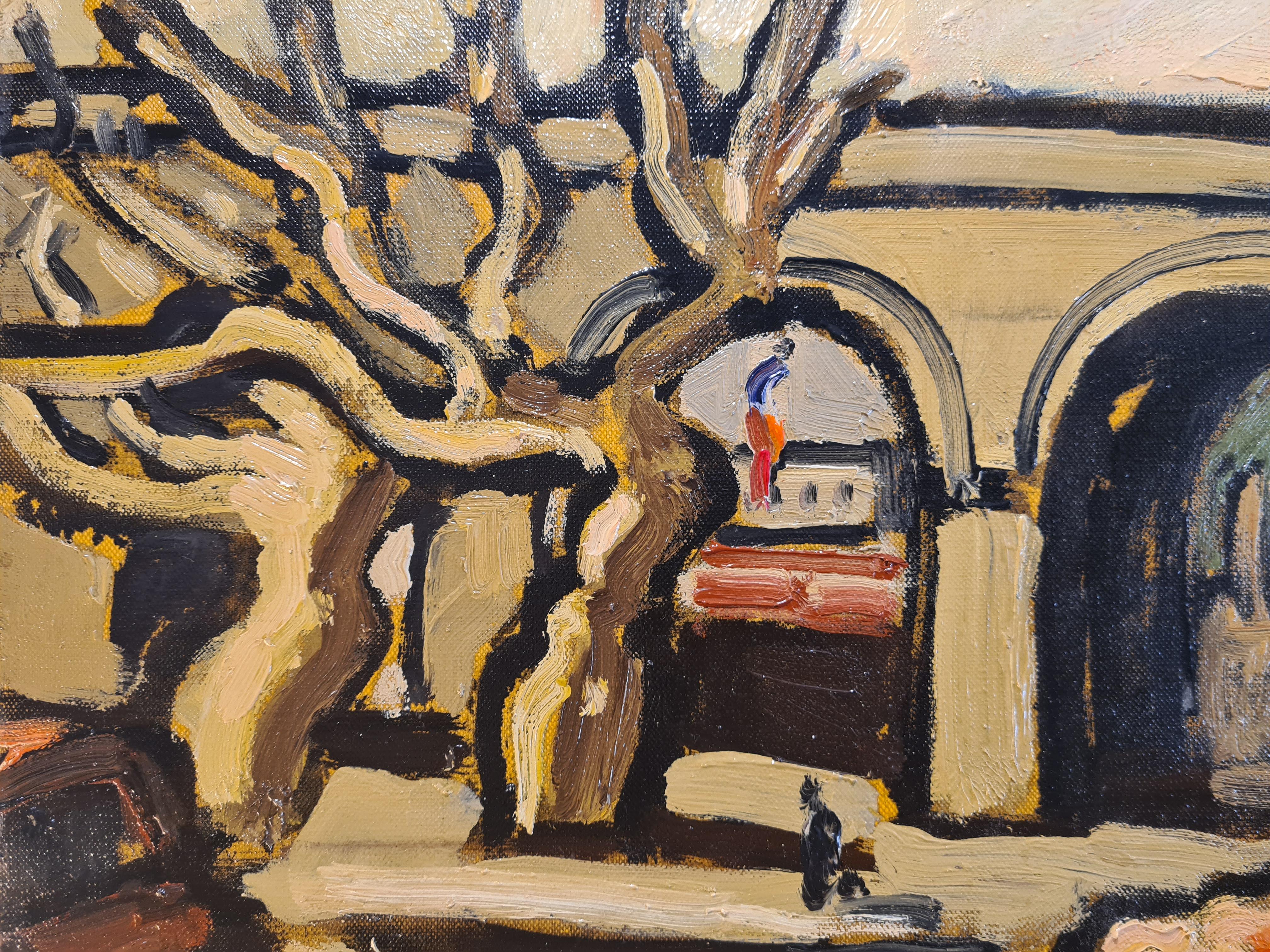 Großes expressionistisches Öl auf Leinwand des französischen Künstlers Jean Arène (1929 - 2020) aus dem späten 20. Jahrhundert, das eine provenzalische, südfranzösische Straßenszene darstellt. Die Leinwand ist unten links signiert und datiert und