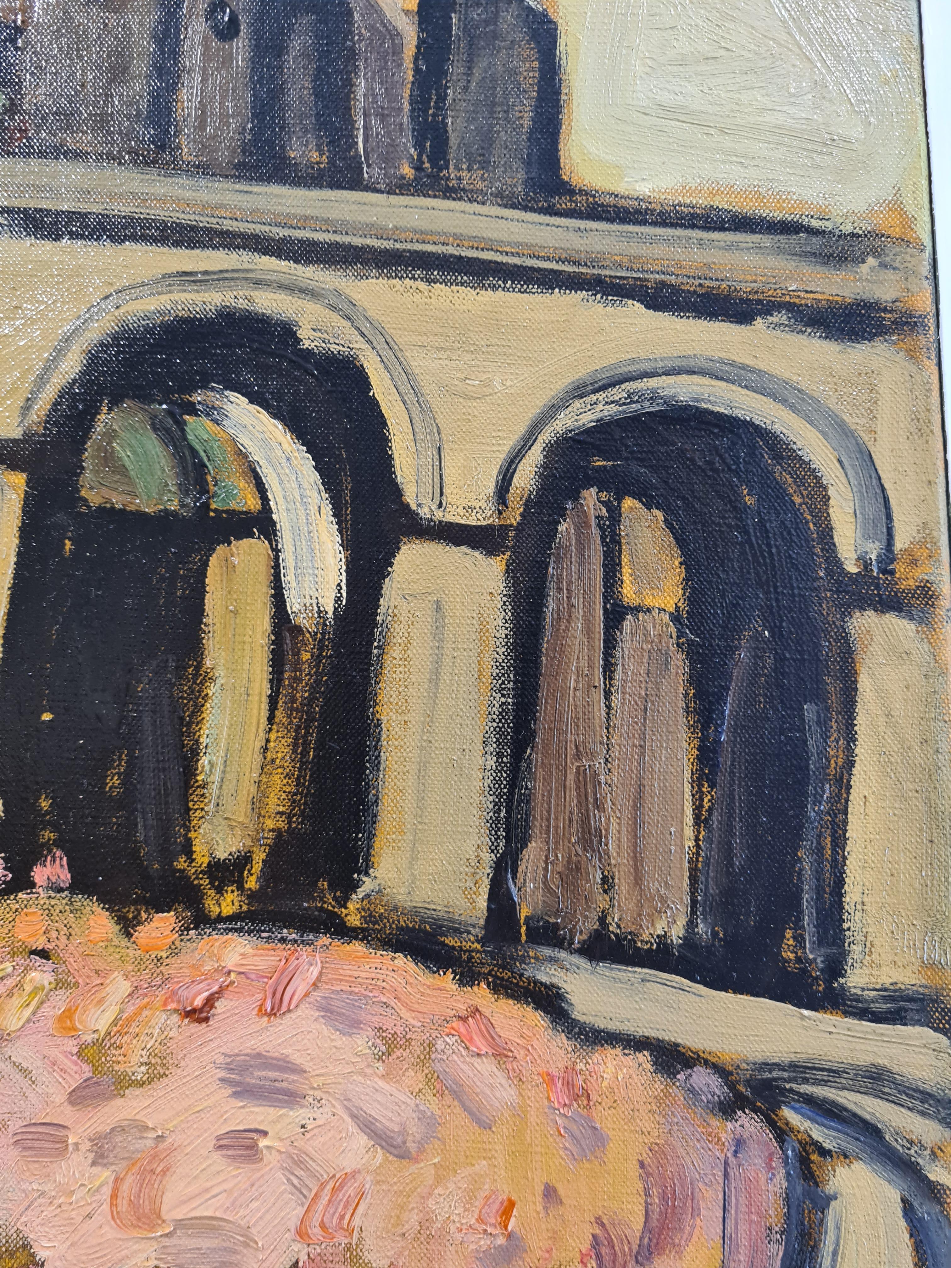 Large French Expressionist View, a Provencal Street Scene, The Colonnades. For Sale 5