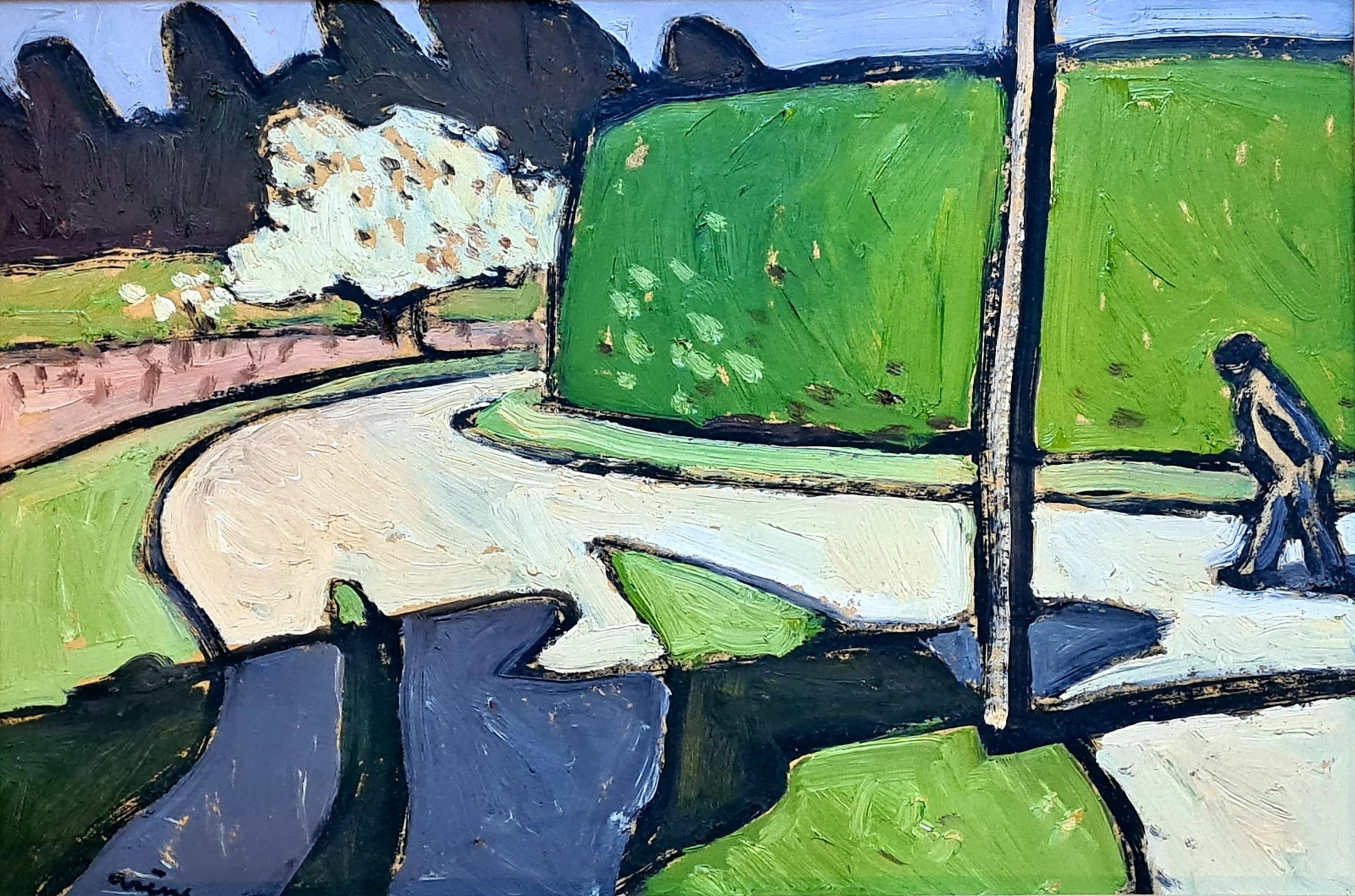 Jean Arène Landscape Painting – Farbenfrohe Landschaft im französischen Expressionismus, Promeneur au Pigeonnier