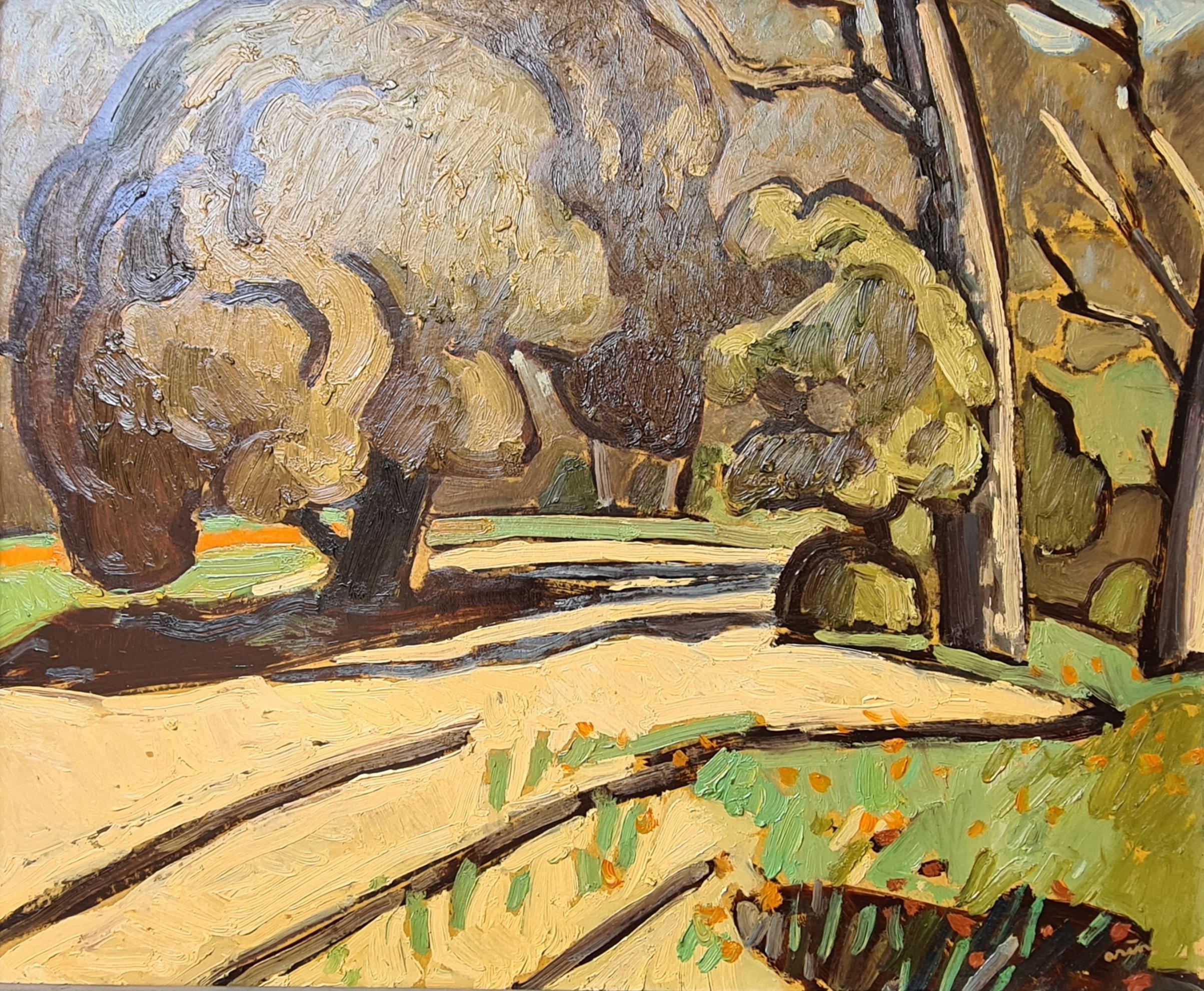 Französische Landschaft aus der Provence, Öl auf Leinwand, von dem bekannten Künstler Jean Arène. Signiert unten rechts, betitelt, signiert und datiert auf der Rückseite der Platte. Präsentiert in einem originalen grau patinierten 