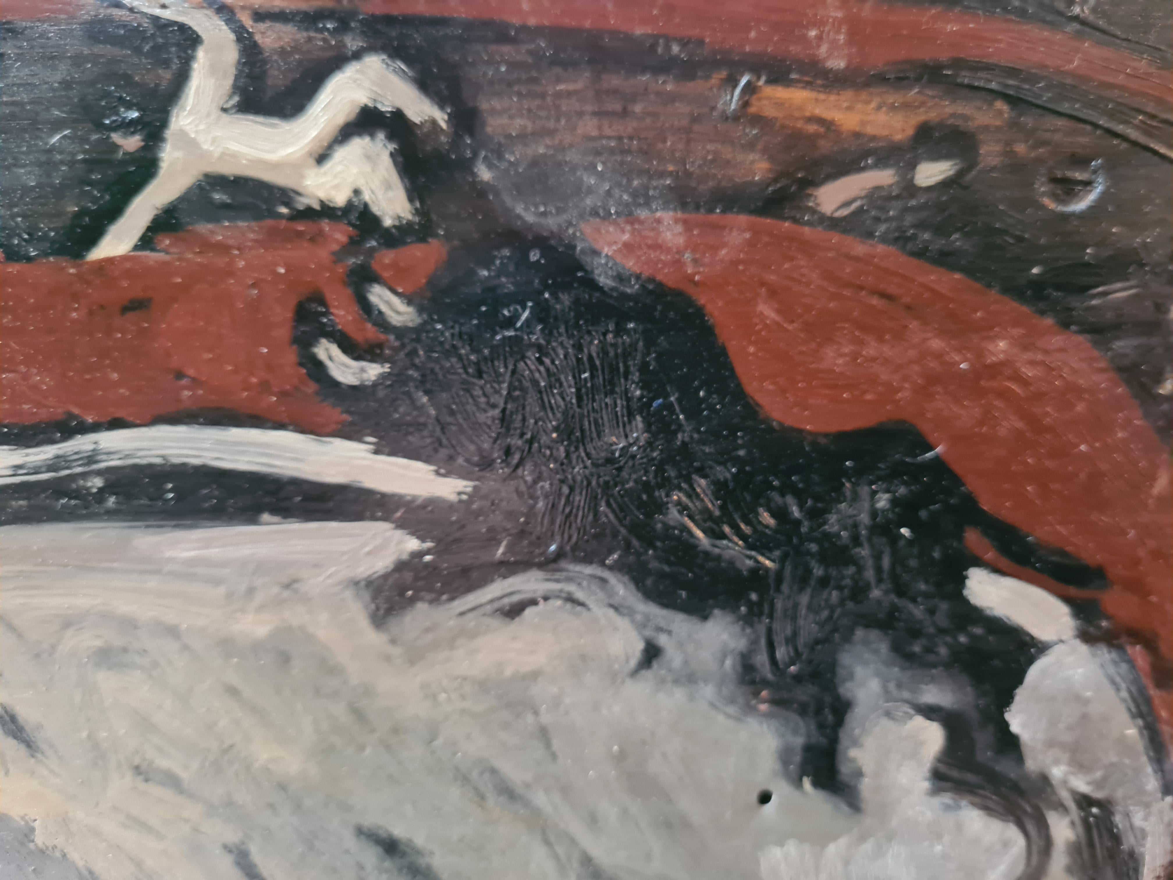 Französischer Expressionist, Öl auf Holztafel, Ansicht eines Stiers in einer Arena von Jean Arène. Das Gemälde ist unten links signiert, auf einer antiken Holzplatte mit abgeschrägten Ecken gemalt, die der Künstler wiederverwendet hat, und befindet