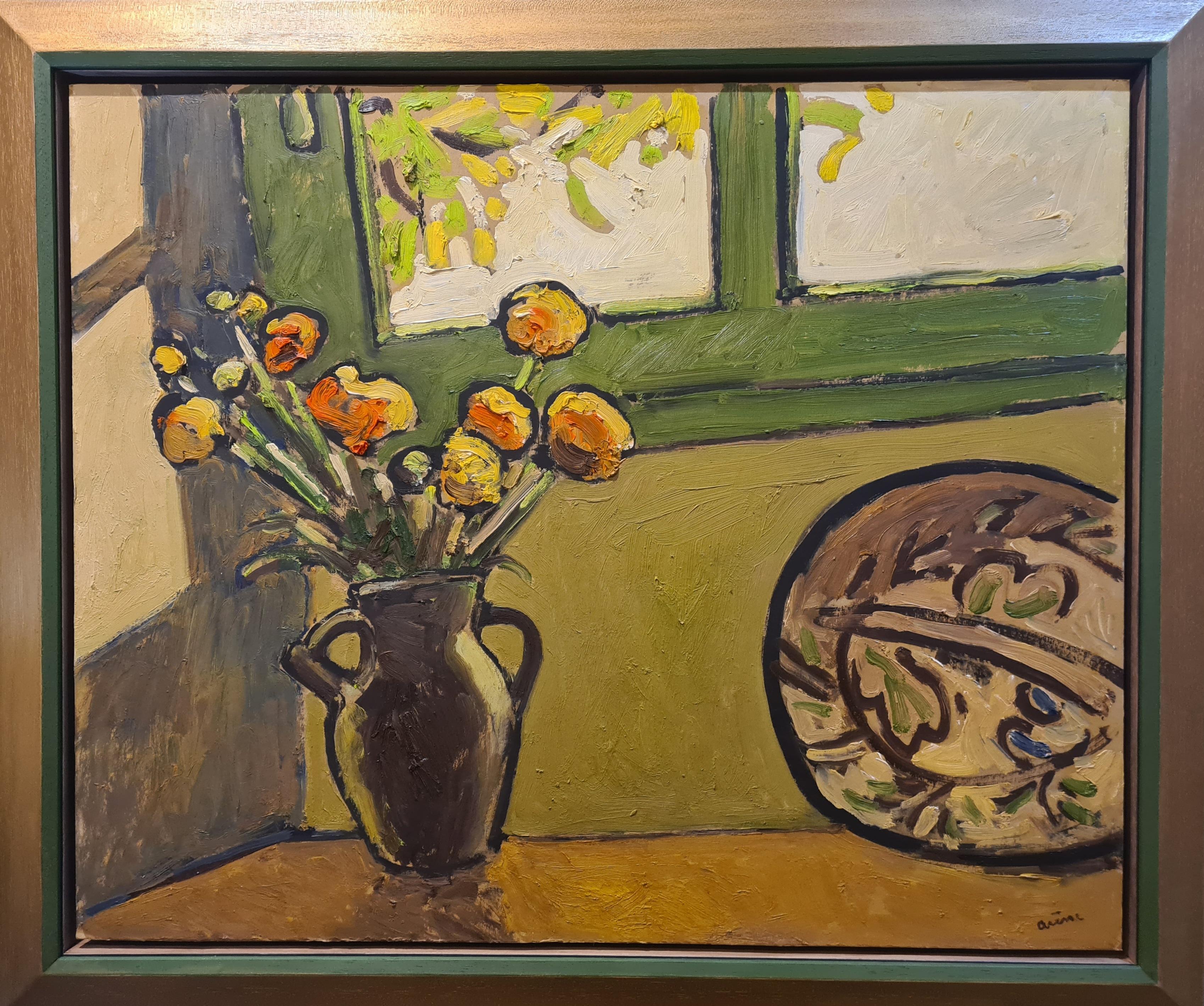 French Expressionist Provençal Interior Still Life, 'Renoncules et Plat Afghan' - Painting by Jean Arène