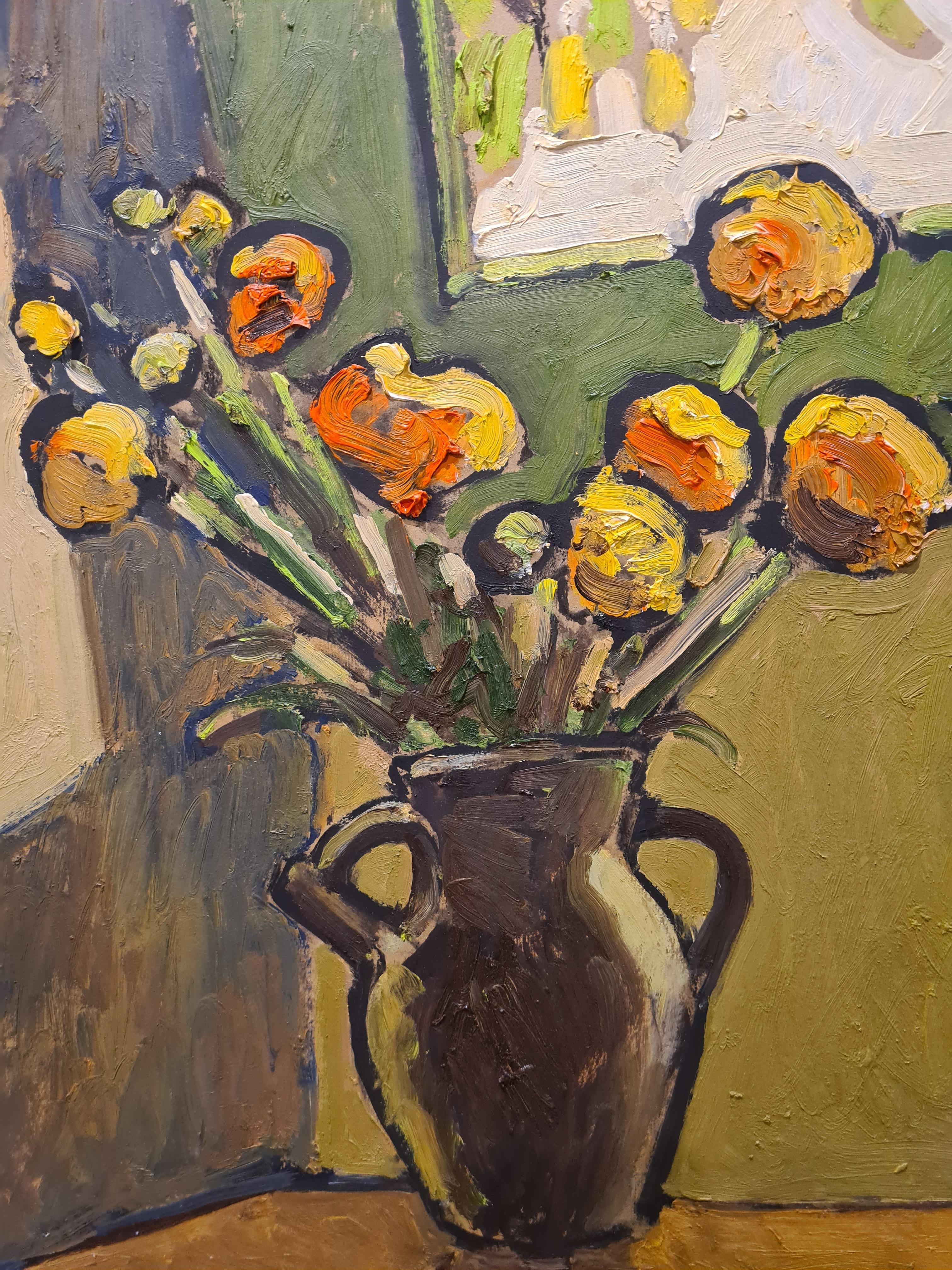 French Expressionist Provençal interior view with still life by noted artist Jean Arène. The painting is signed bottom right and titled, dated and resigned to the back of the painting. Presented in custom patinated wood frame.

A charming painting