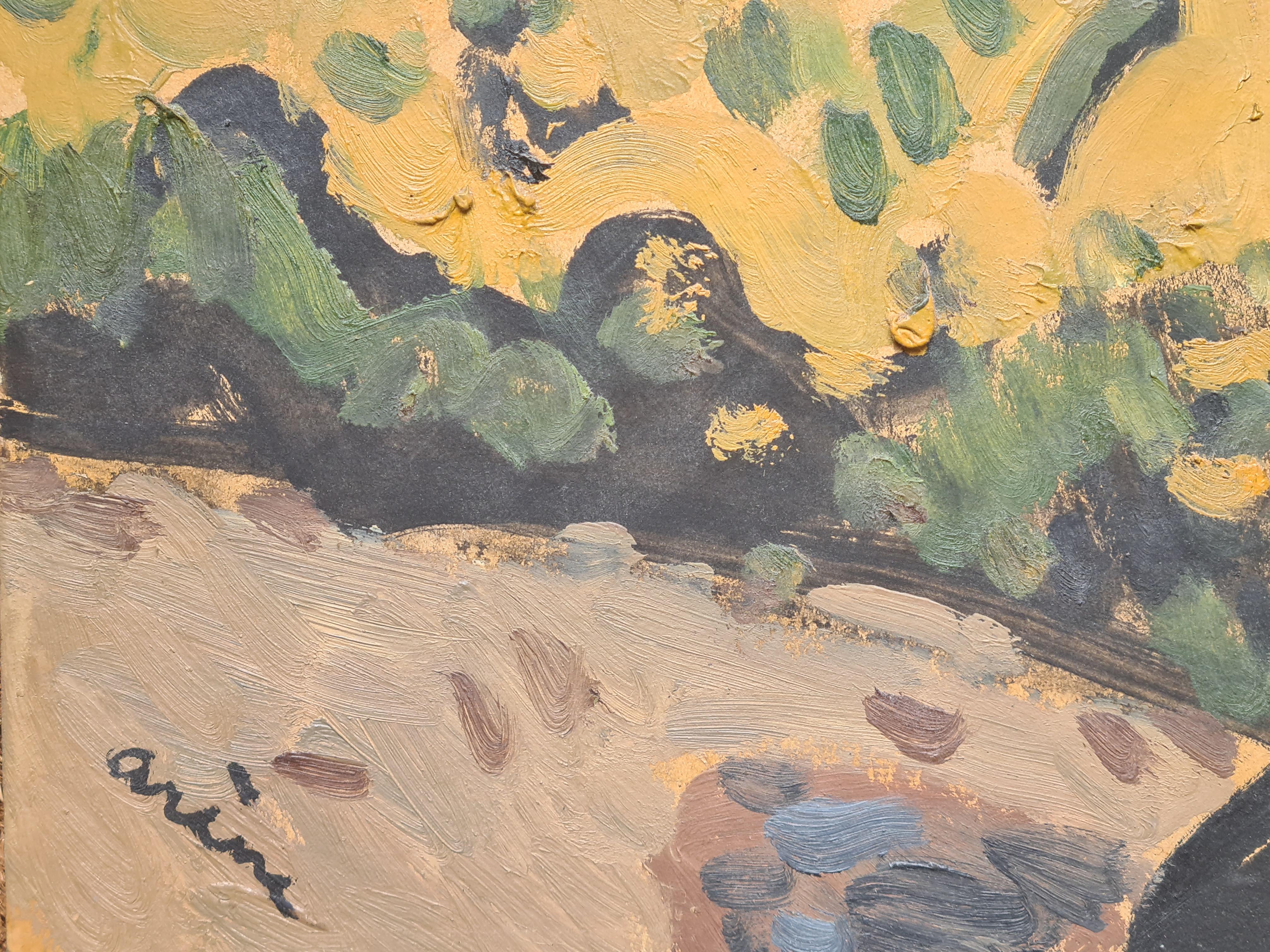 Paysage provençal expressionniste français, La Grotte - Painting de Jean Arène