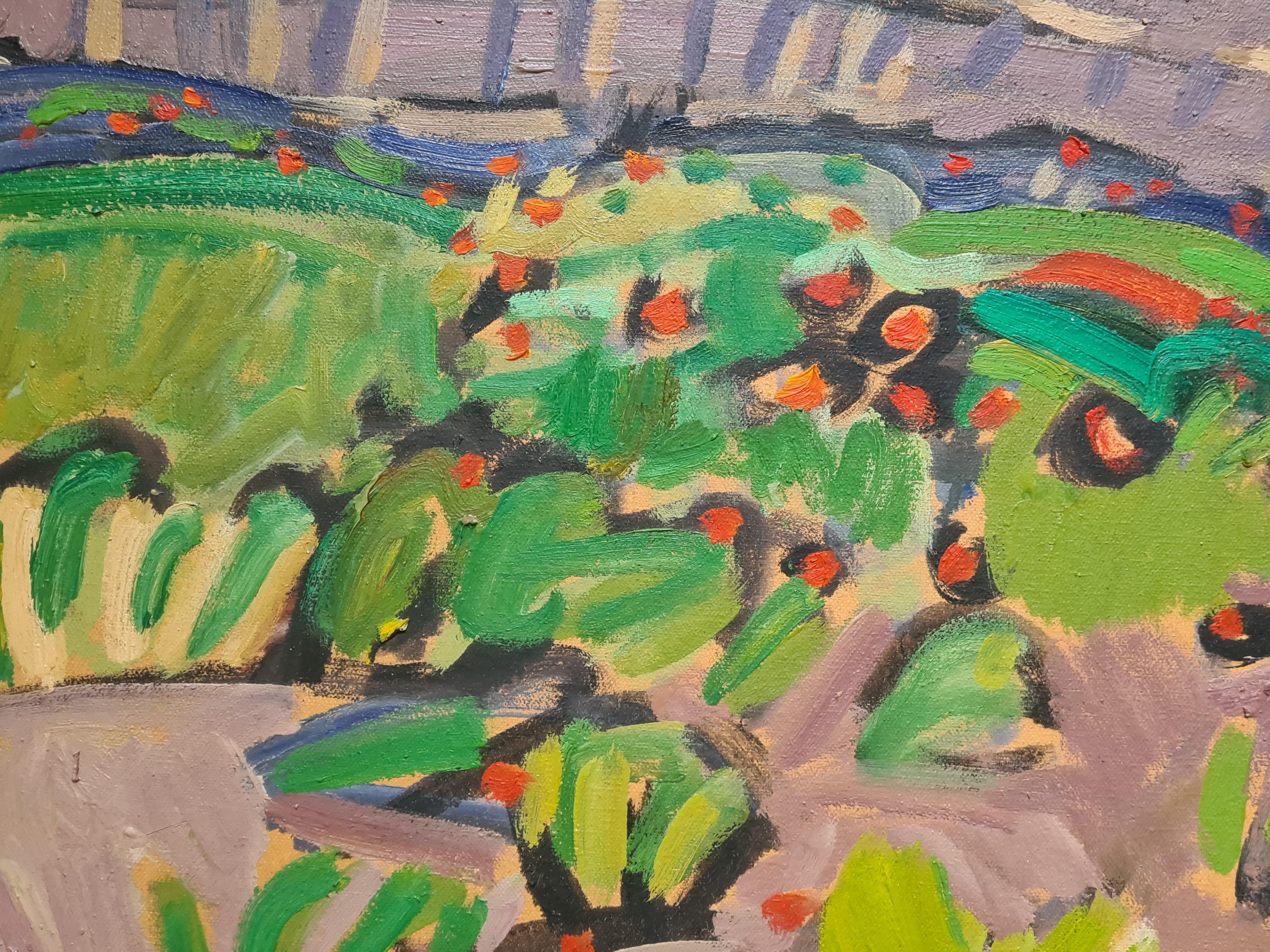 Grande olio su tela della fine del XX secolo dell'artista francese Jean Arène, raffigurante un paesaggio provenzale e un giardino al sole. Meraviglioso l'uso del colore e della texture nella pittura. La tela è firmata e datata (80) in basso a