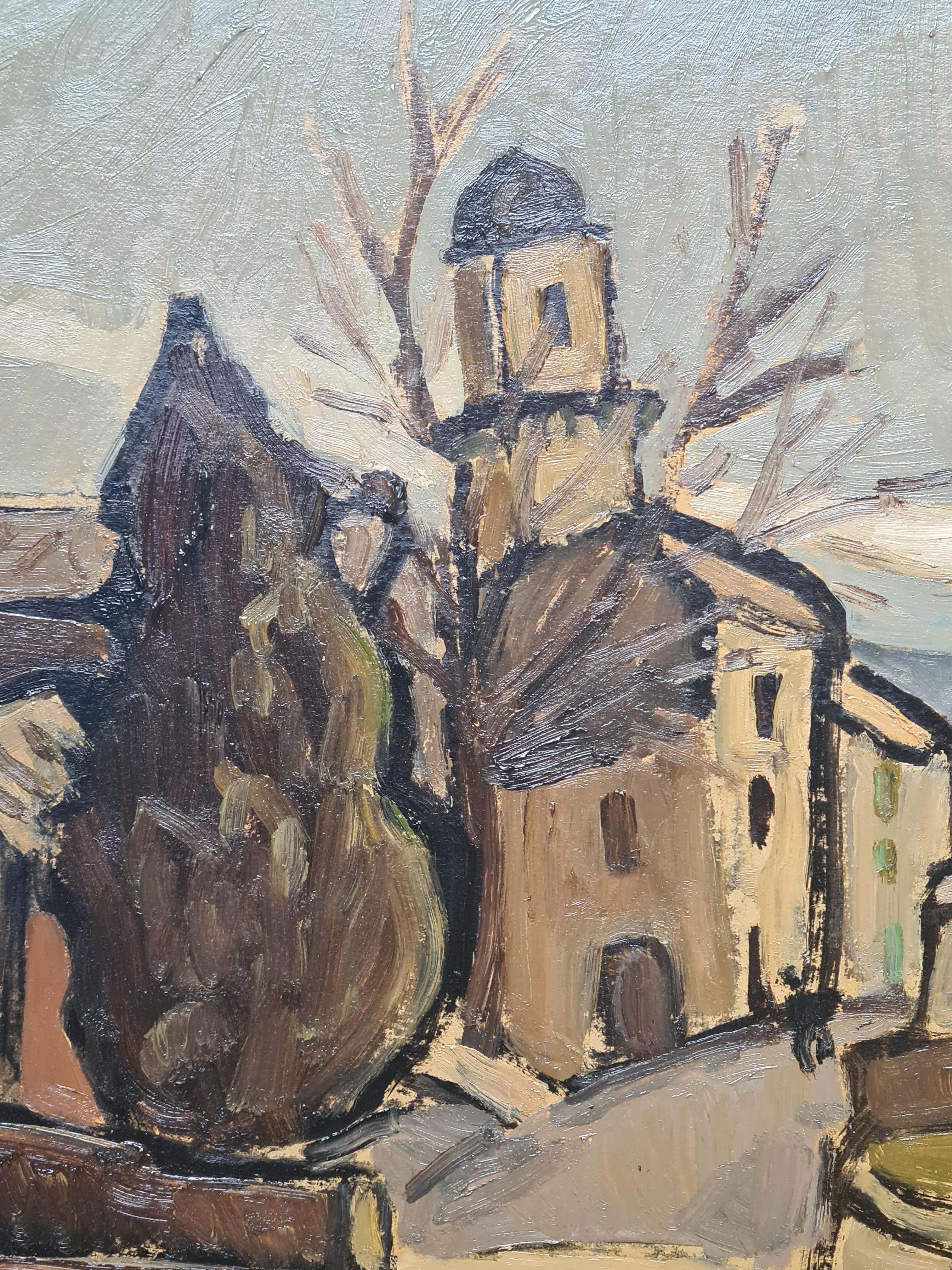 Scorcio di un villaggio provenzale realizzato dall'artista francese Jean Arène alla fine del XX secolo. Il dipinto è firmato in basso a sinistra, titolato in alto sul retro della cornice, in una cornice originale 