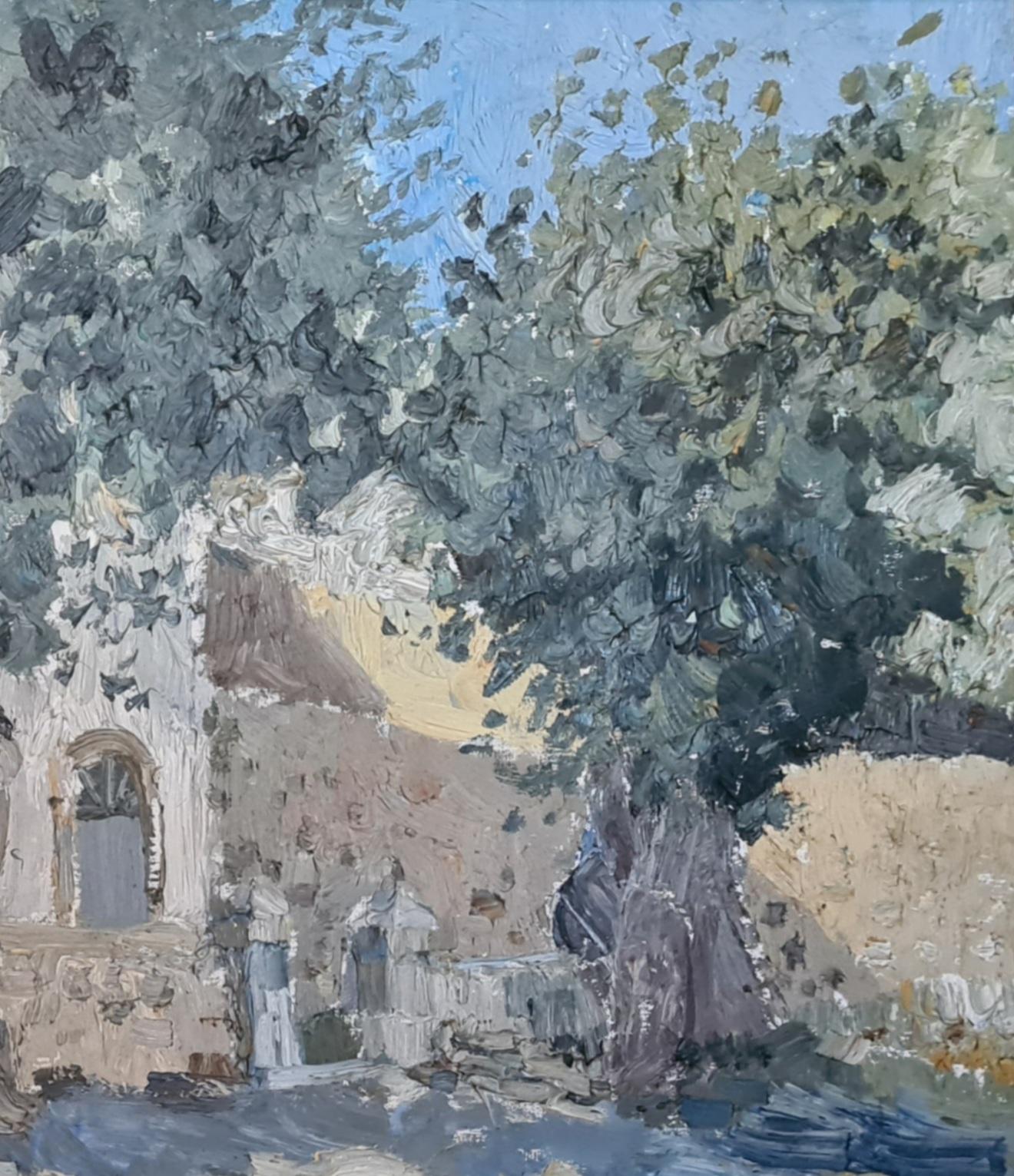 Large French Impressionist oil on canvas of a Bastide in the South of France by Jean Arene. The painting is signed bottom right and signed, dated and titled to the back stretcher. Presented in period mid century frame with gilt wood and hessian