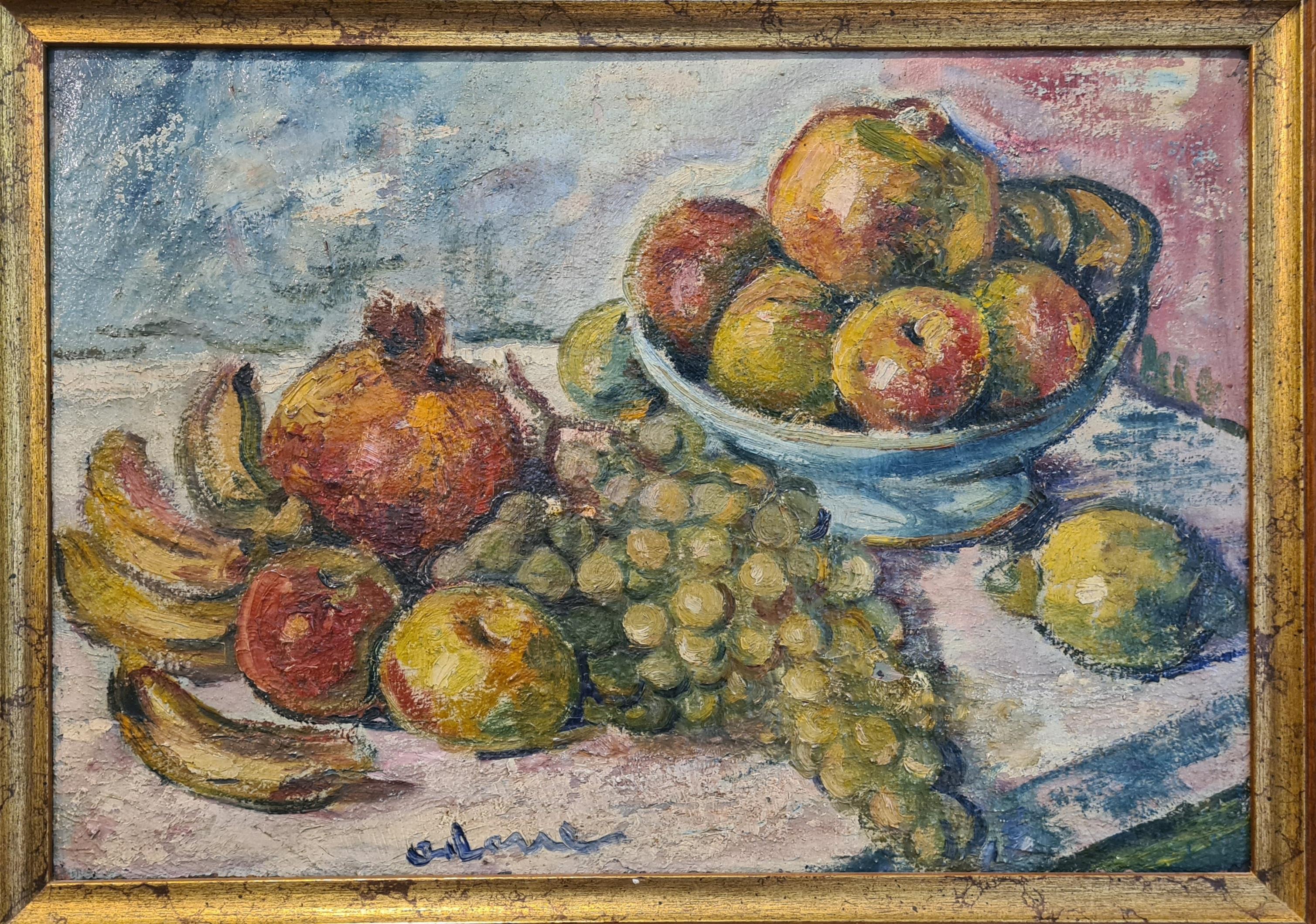 Hommage à Cézanne, Nature morte aux fruits - Painting de Jean Arène
